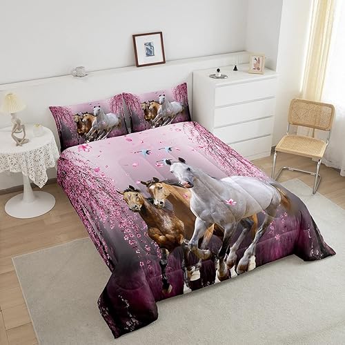 Miniatura 3 de Feelyou Juego de edredón de tamaño individual con diseño de caballos, ramas de cerezo, corcel, juego de ropa de cama para niños y adolescentes,