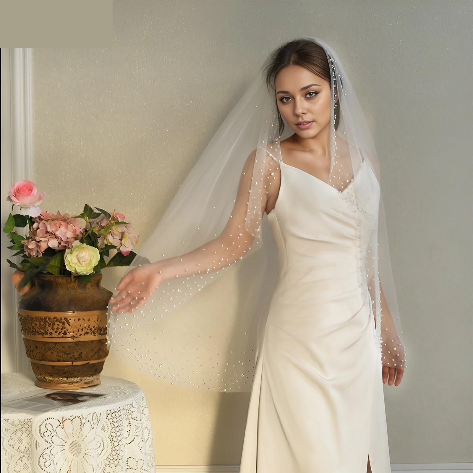 Schleier Braut Brautschleier mit Perlen, kurz, for Hochzeit, elegant, Weiß/Creme, mit Kamm