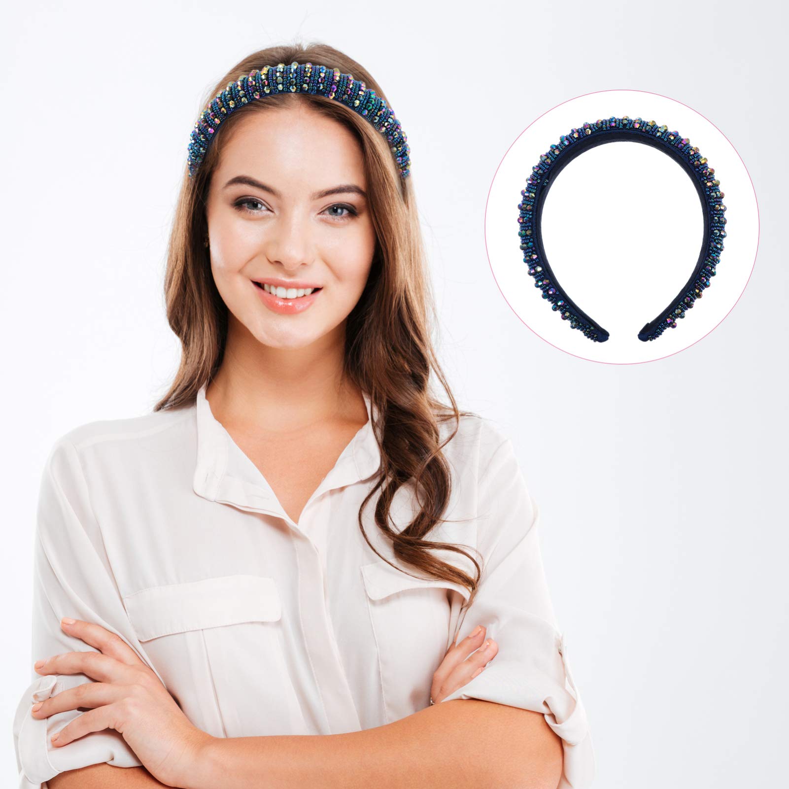 Rhinestones Crystal Padded Headbands Blue Rhinestone Diamond Shiny Hairband Wide Glitter Beaded Hair Hoop for Women Party Wedding Headpiece Hair Accessories - Image 3