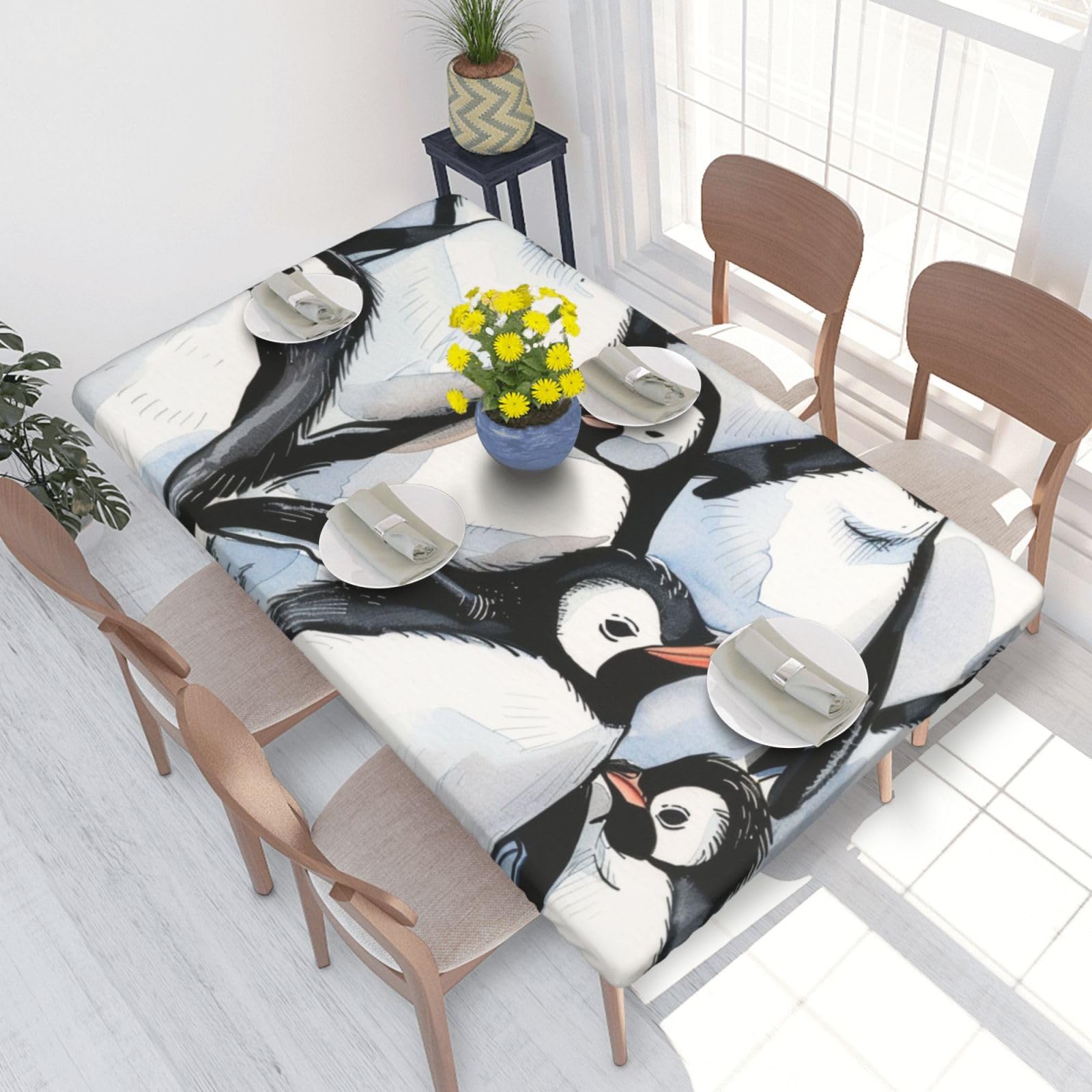 WPKJU Cute Baby Penguins Sketch Printed Tablecloths 4ft Rectangular Table Covers Washable Polyester Decorative Table Cloth for Dining Table Picnic Wedding