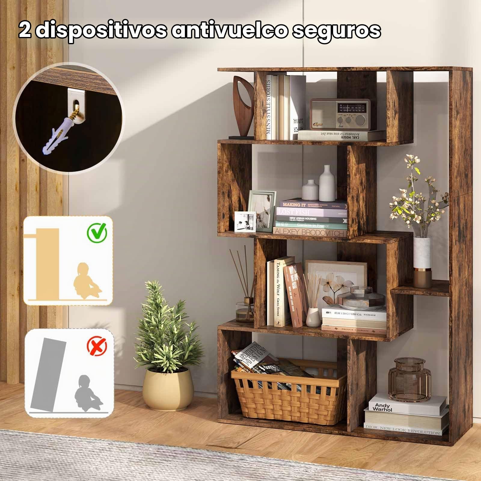 HOMASIS Librería con Separador de Espacios en S, Estantería de 6 Cubos, Librería Moderna de Almacenamiento para Sala de Estar, Estudio (Marrón)