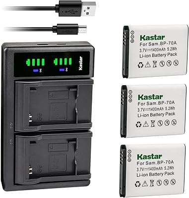 Kastar 3-Pack BP-70A Battery and LTD2 USB Charger Replacement for Samsung AQ100, DV50, DV90, DV100, DV101, DV150F, ES30, ES65, ES67, ES70, ES71, ES73, ES74, ES75, ES78, ES80, ES81, ES90, ES91 Camera