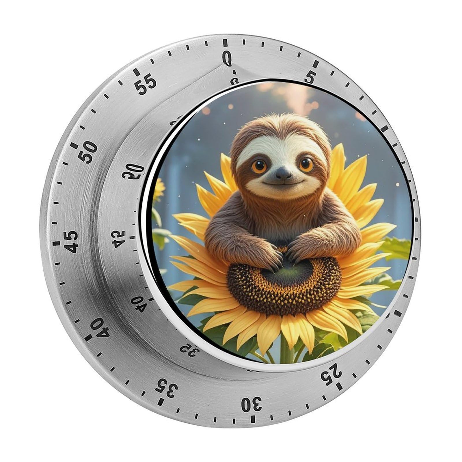 Cartoon Sloth Sitting on Sunflower Timer Fashion Visual Timers Wind Up 60 Minutes Desk Timers Stainless Steel Magnetic Timer Countdown Clock No Batteries Loud Alarm for Kitchen Chef Cooking