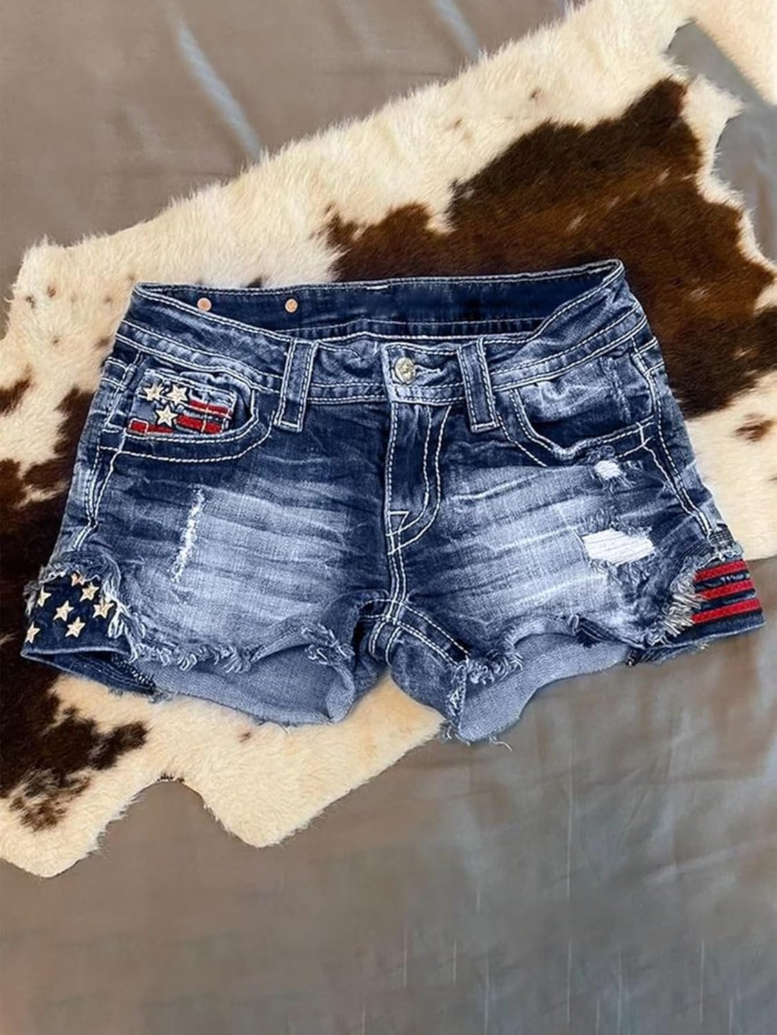 Flamingals Jean Shorts for Women Ripped Denim Mid Waist Distressed Raw Hem Skinny Stretchy Shorts - Image 3