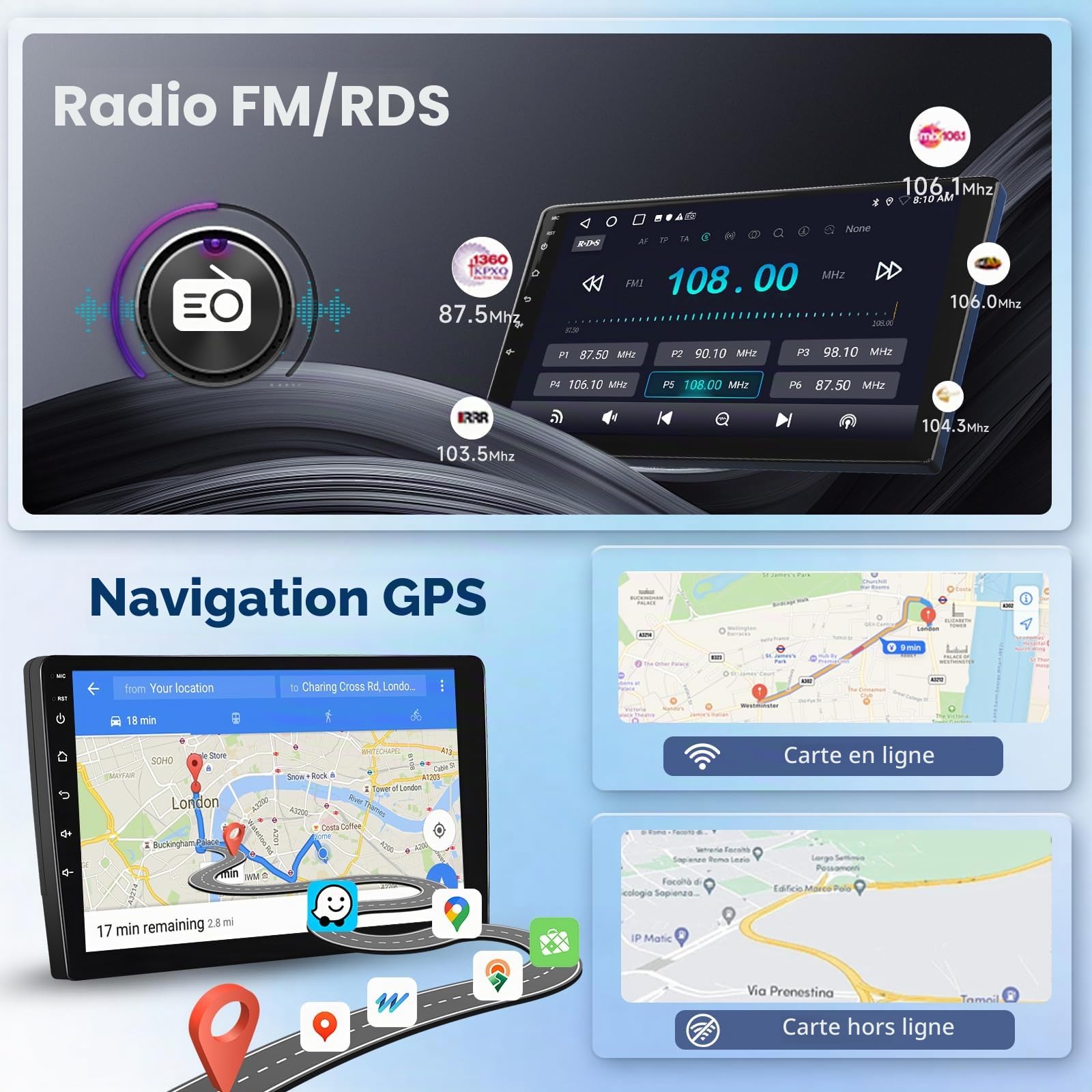 Autoradio CarPlay sans Fil pour Peugeot 308 408 2007-2015, Android 15, Écran Tactile 9 Pouces, Android Auto, GPS, Bluetooth, WiFi, FM/RDS, DSP, Caméra de Recul, 2Go+64Go