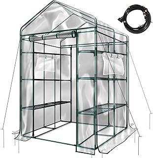 Hannah's Patio Homes Garden Greenhouse 47.3 in. W x 67 in. D x 76.4 in. H Deluxe Walk-In 4 Tier 16 Shelf Portable Lawn, Garden Greenhouse W/ Drip Irrigation, serre à jardin, Indoor Outdoor Plant Flower Grow Tent PVC Cover Zipper Roll Up #G305A00