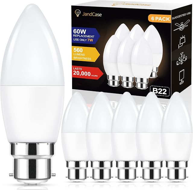 JandCase B22 Candle Bulbs Bayonet 60W, B22 LED Light Bulbs, Warm White 3000K, Ultra Bright 560LM, B22 Small Bayonet Candle Bulbs for Chandelier, Non-dimmable, 6 Pack