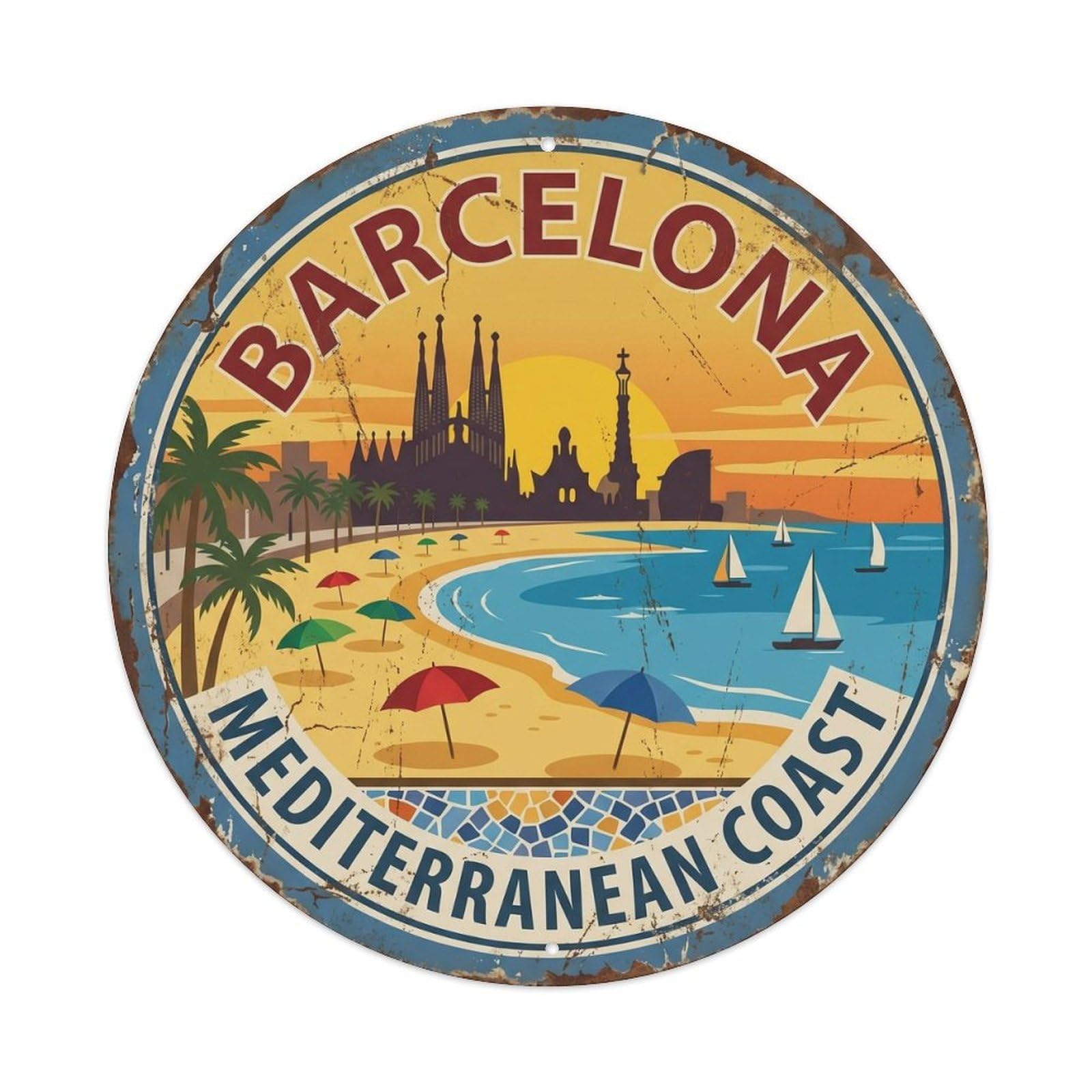 Vintage Travel Barcelona Seaside Catalonia Vintage Metal Tin Sign Plaque Wall Decor for Cafe, Club Bar, Office, Garden Metal Poster 8x8Inch