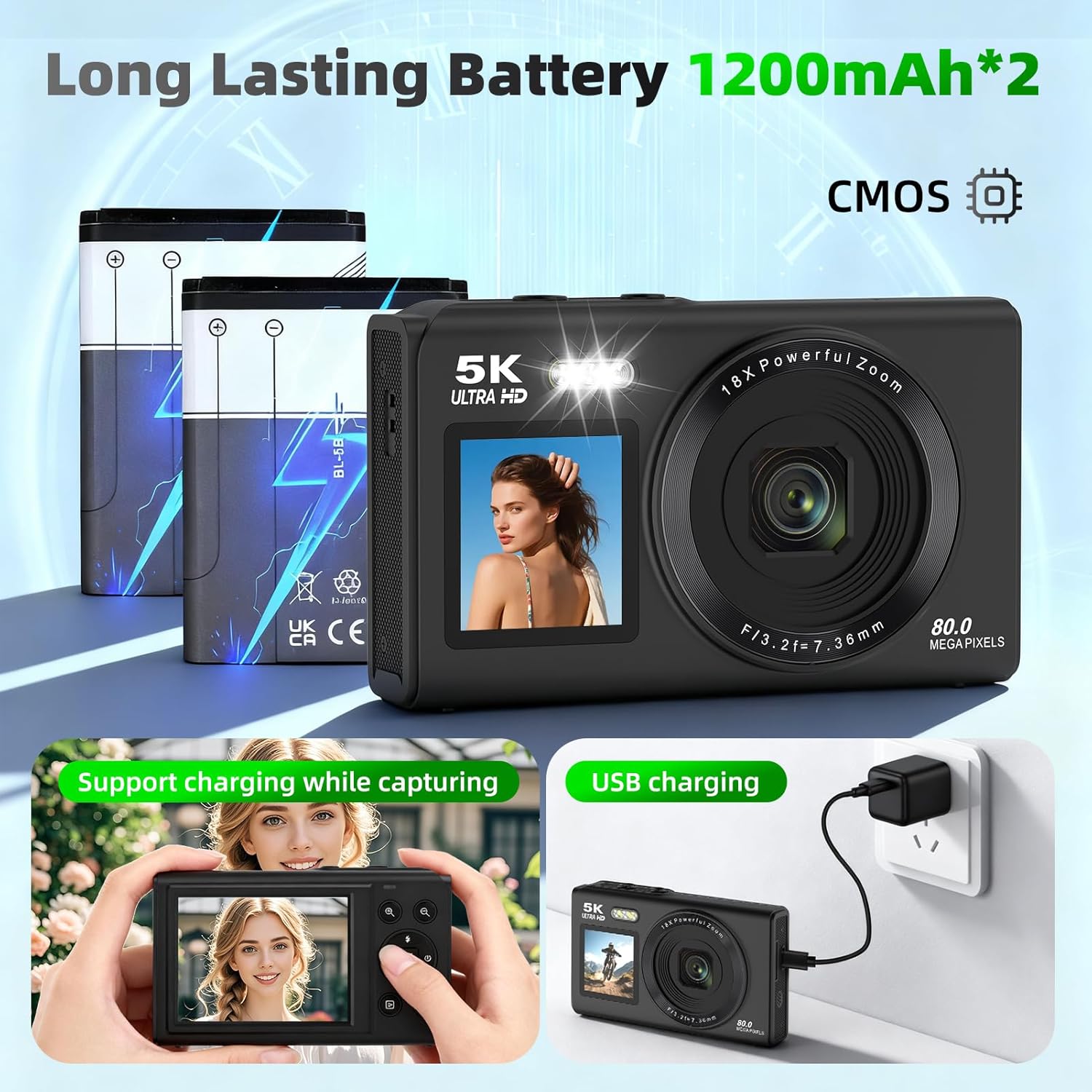 Digital Camera,5K 80MP Dual Screen Camera for Photography Vlogging with Tripod 18X Zoom Autofocus,Fill Light,Compact Vlog Cameras for YouTube,Campus,Travel,Teens & Beginners 2 Batteries 64GB Card - Image 8