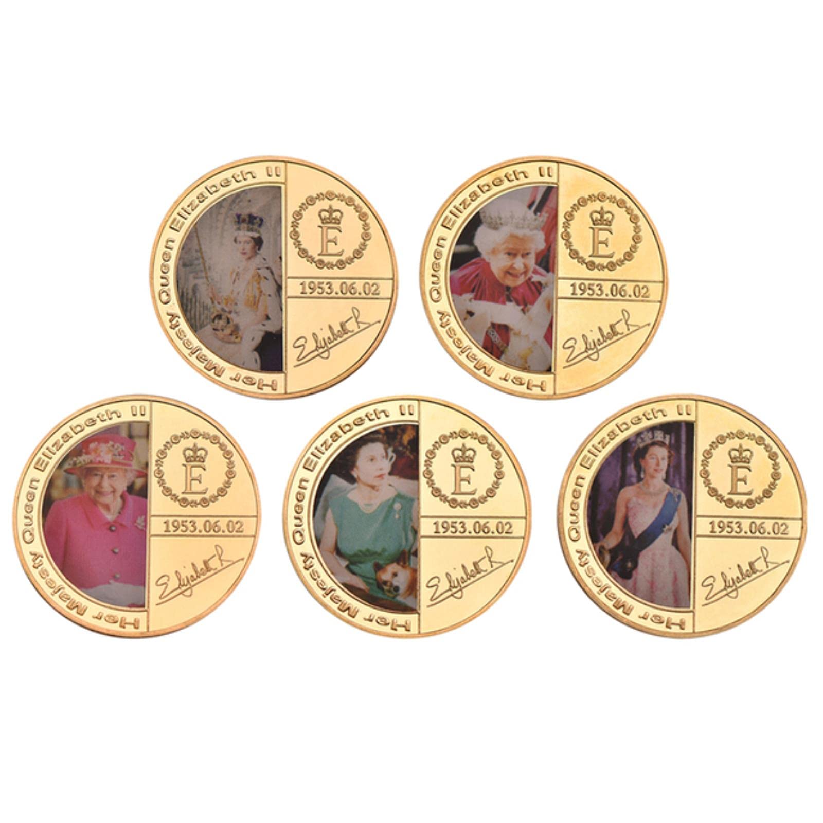 Wlty 5Pcs Coins 1926-2022 Queen Elizabeth Ii Gold Commemorative Coin With Gift Box Royal Family Challenge Coins Collectible Medal Souvenir Gifts