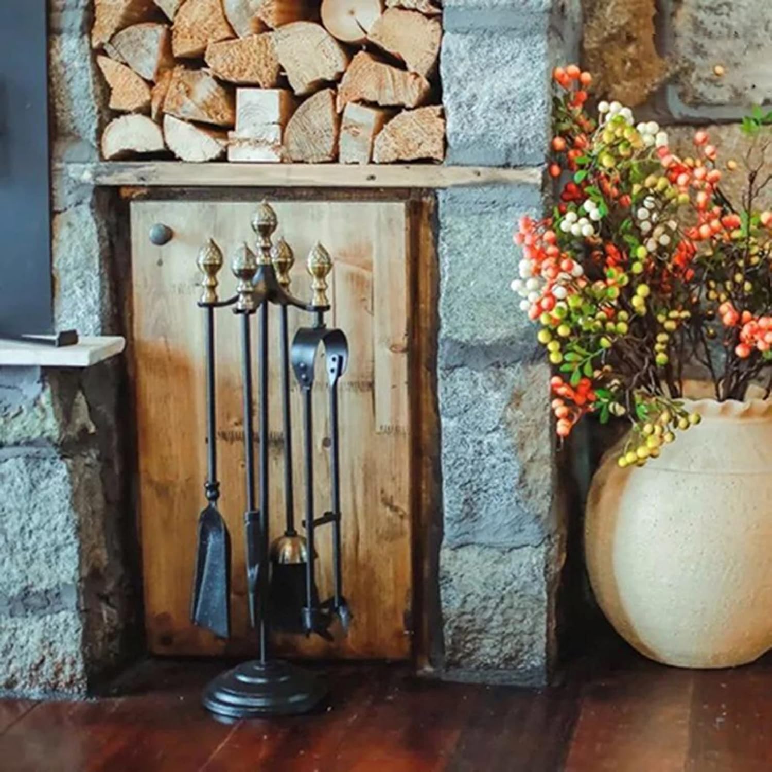 Rustic Fire Poker Shovel Tong Brush Holder, Wrought Iron Fireplace Tools Sets Tall Firepit Tools Complete Set, for Indoor Outdoor Lliving Room Decor