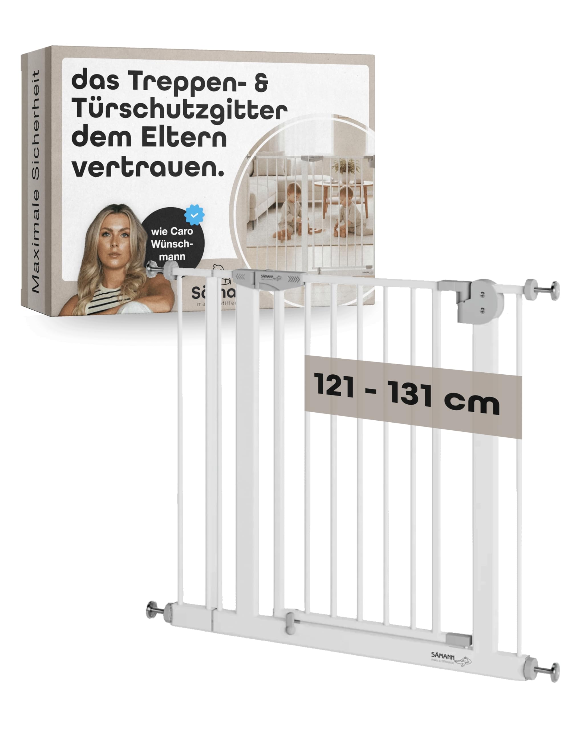 Sämann Türschutzgitter & Treppenschutzgitter I 121-131 cm I Extra Höhe von 77 cm I 3-Fach Sicherung mit Auto-Close Funktion I Kein Bohren notwendig I Kindergitter für Baby, Kinder & Haustiere