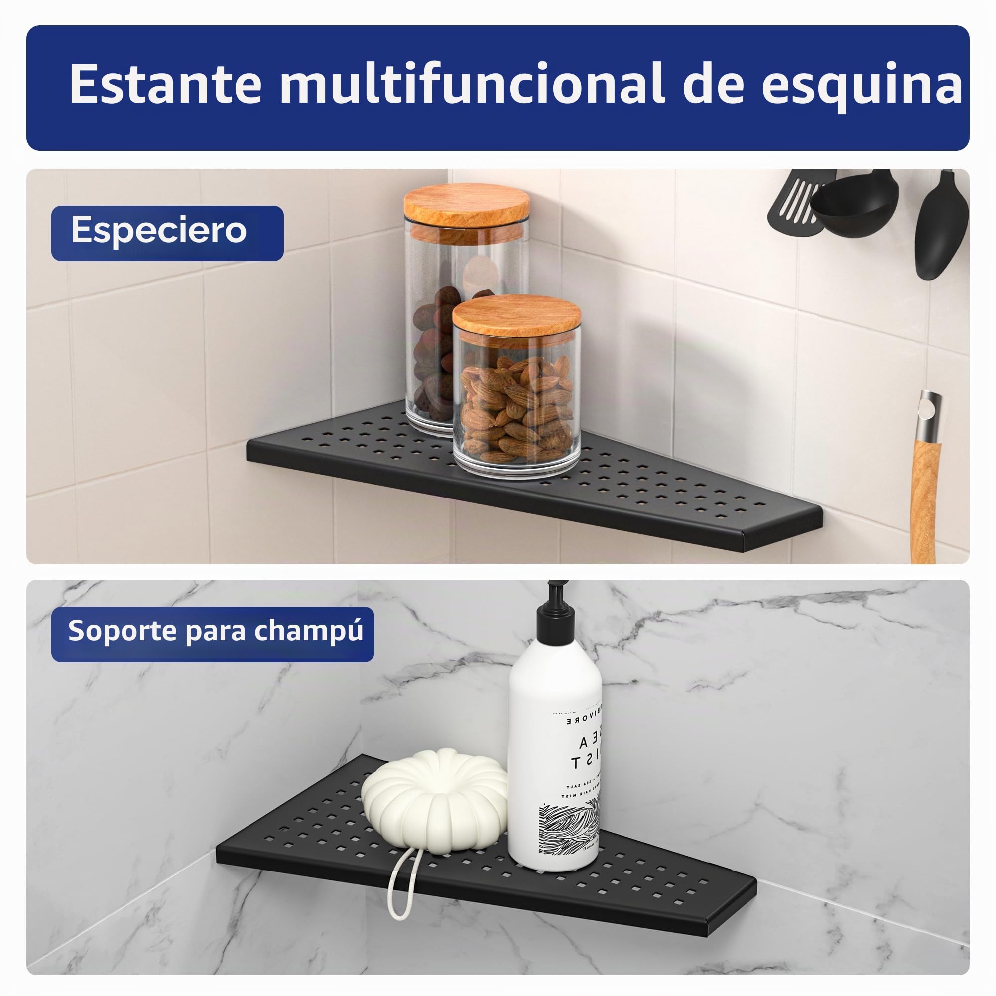 Estante de esquina para ducha de acero inoxidable 304, sin taladrar, para baño, champú, agujero cuadrado trapezoidal, 305 x 155 mm, negro, 2 unidades