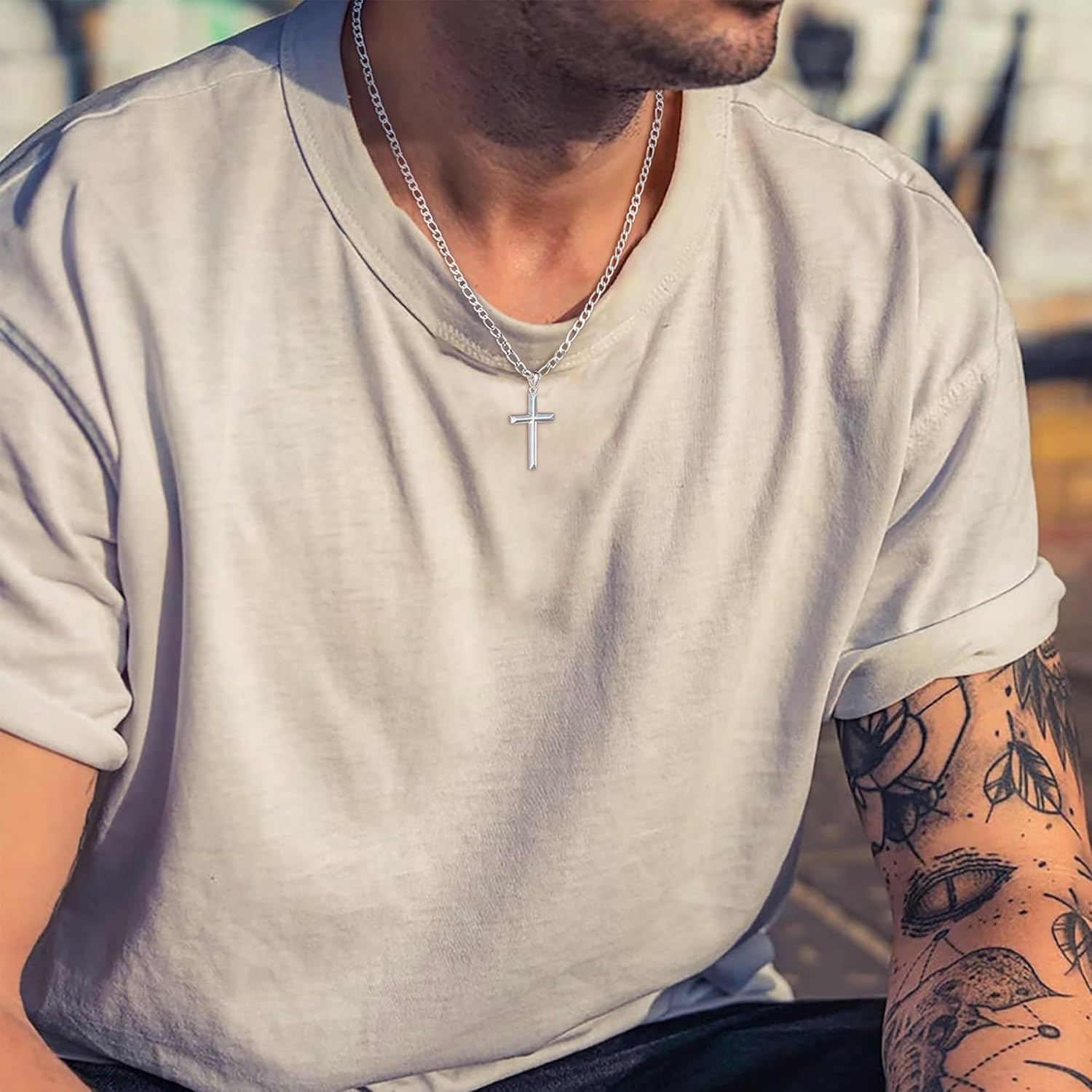 Ursteel S925 Sterling Silver Cross Necklace for Men Women - Stainless Steel Diamond Cut Chain Silver Mens Cross Necklace Jewelry 16-24 Inches - Image 2