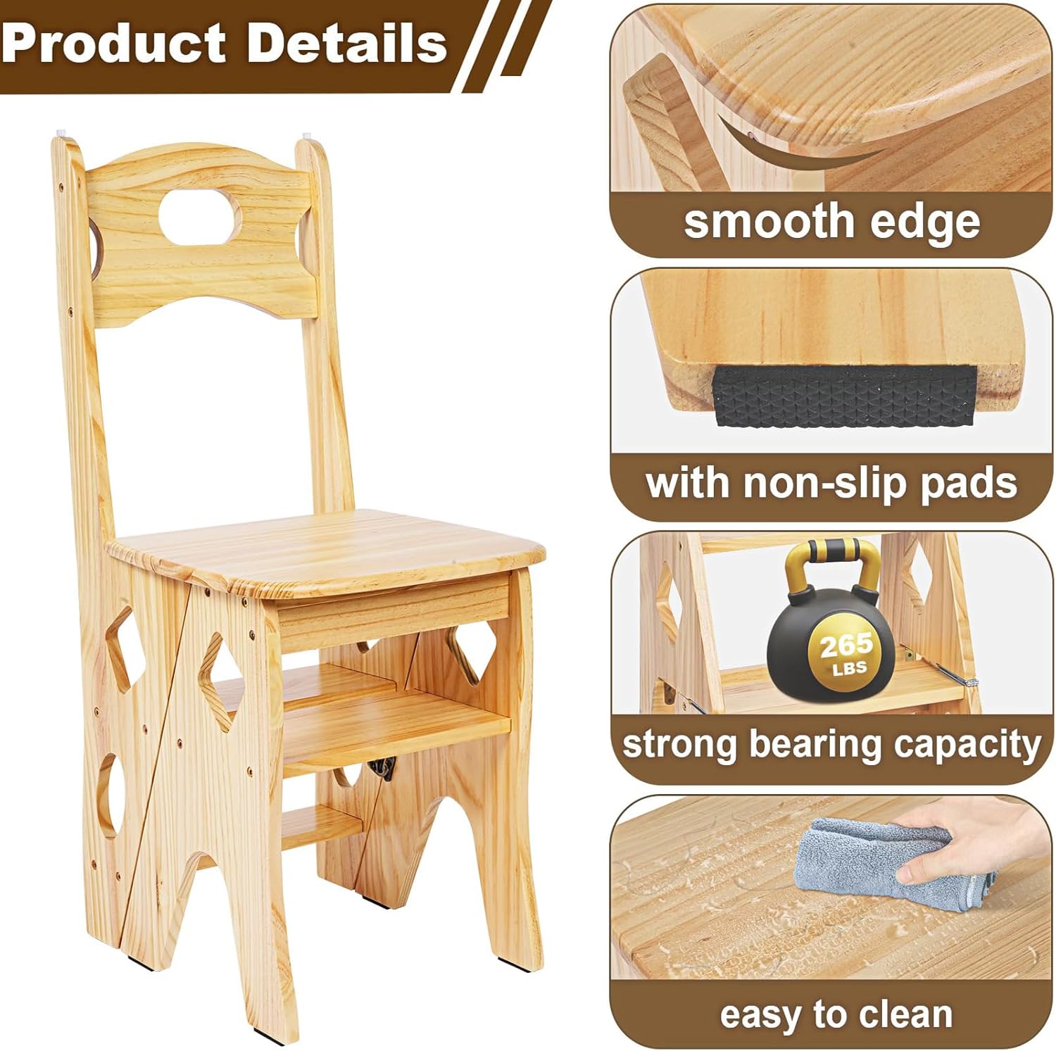 GOOFCXO 4 Step Folding Ladder Chair, 3-in-1 Wood Ladder Stool, Multi-Functional Portable Step Stool Display Stand for Home Kitchen Office Library, 265lbs Load Capacity, 34.3" H x 13.4" L x 15.2" W - Image 6