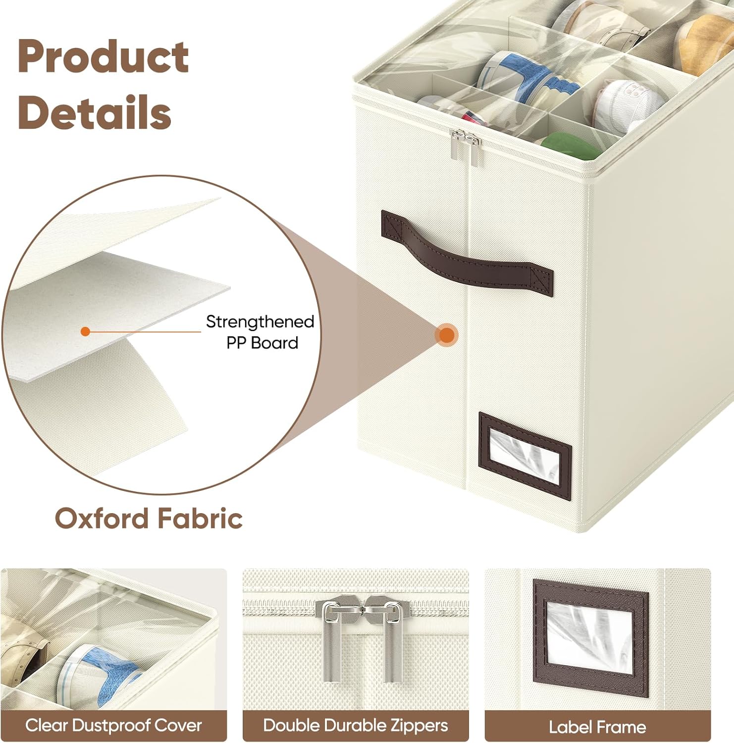 OIAHOMY 4 Pack Shoe Organizer for Closet, Foldable Shoe Storage Bins with Adjustable Dividers, Stackable Oxford Cloth Sneaker Boxes for Entryway Bedroom, Fits Up to 32 Pairs, Beige