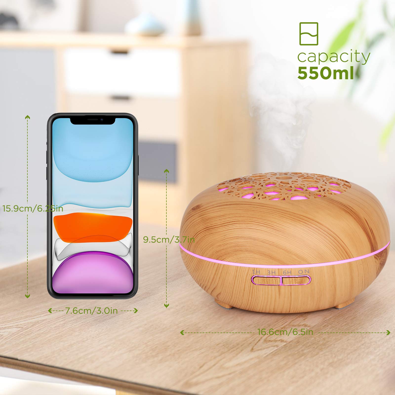 Aromaverstuiver luchtbevochtiger ultrasone vernevelaar: 500 ml geurlamp met oliën diffuser met 7 ledkleuren 8*10ml etherische olie, waterloos automatische uitschakeling, voor slaapkamer, kantoor, geel