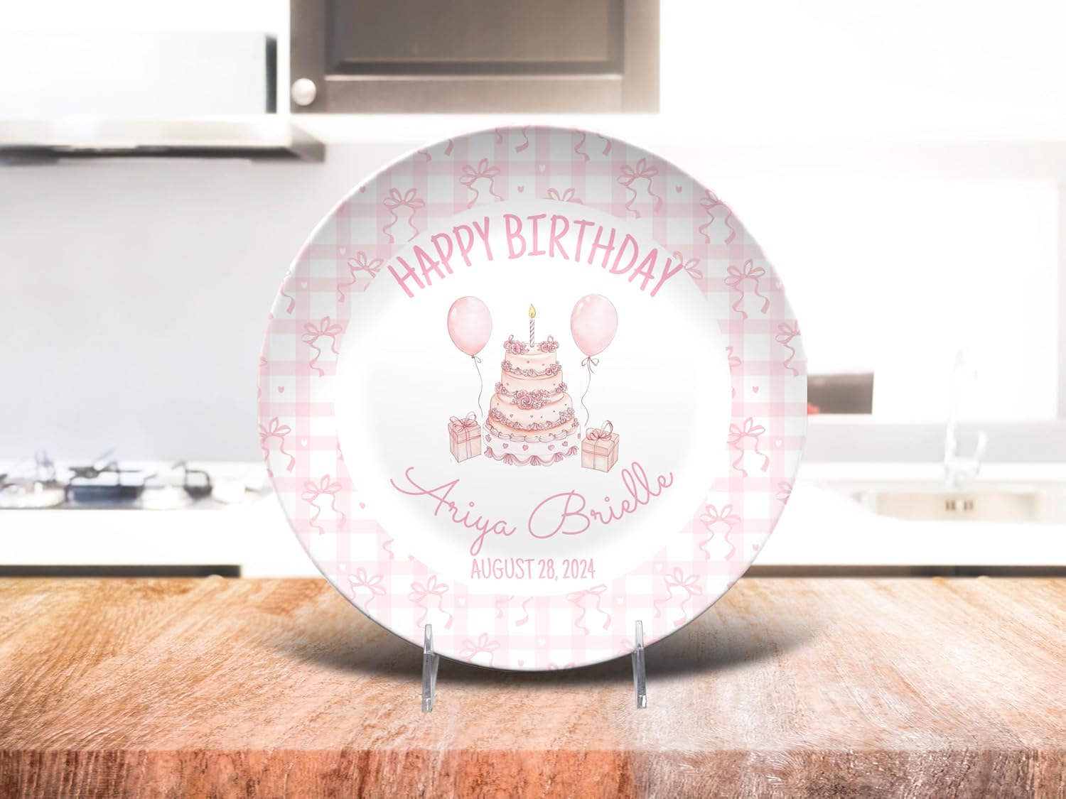 Personalized Baby First Birthday Plate - Coquette Cake Balloons - Pink & White Smash Cake 1st Birthday