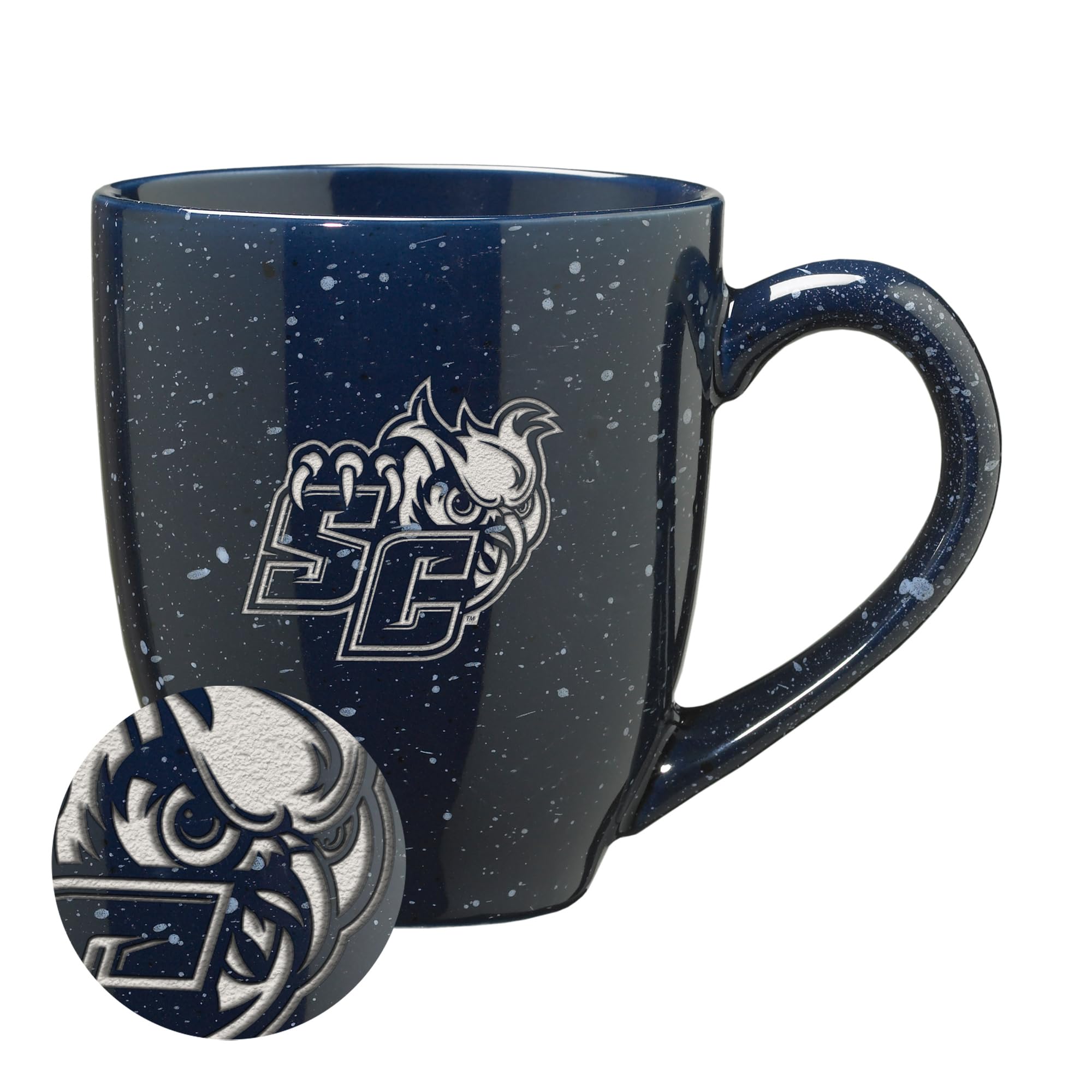 Rico Industries NCAA Southern Connecticut State Owls Primary Logo Navy 16 oz Team Color Laser Engraved Speckled Ceramic Coffee Mug