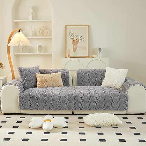 Miniatura 2 de vctops Funda de sofá de piel sintética con rayas onduladas, suave y cálida y mullida, funda de sofá modular de felpa lanuda de color sólido, funda