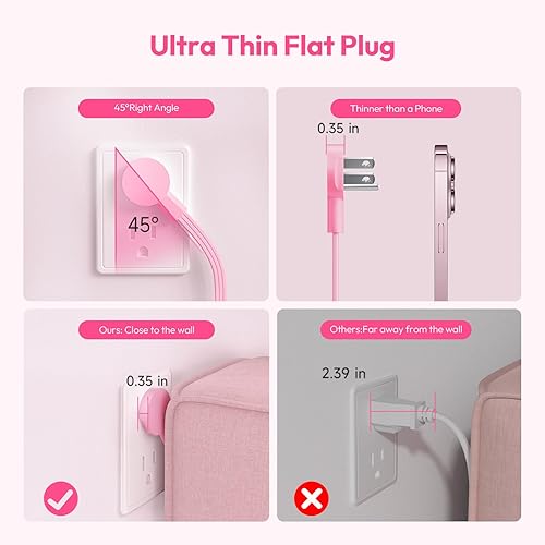 Miniatura 8 de NTONPOWER Power Strip - Tira de alimentación plana rosa de 15 pies, 9 salidas, 3 puertos USB (1 USB C), montaje en pared, 1080J, múltiples salidas