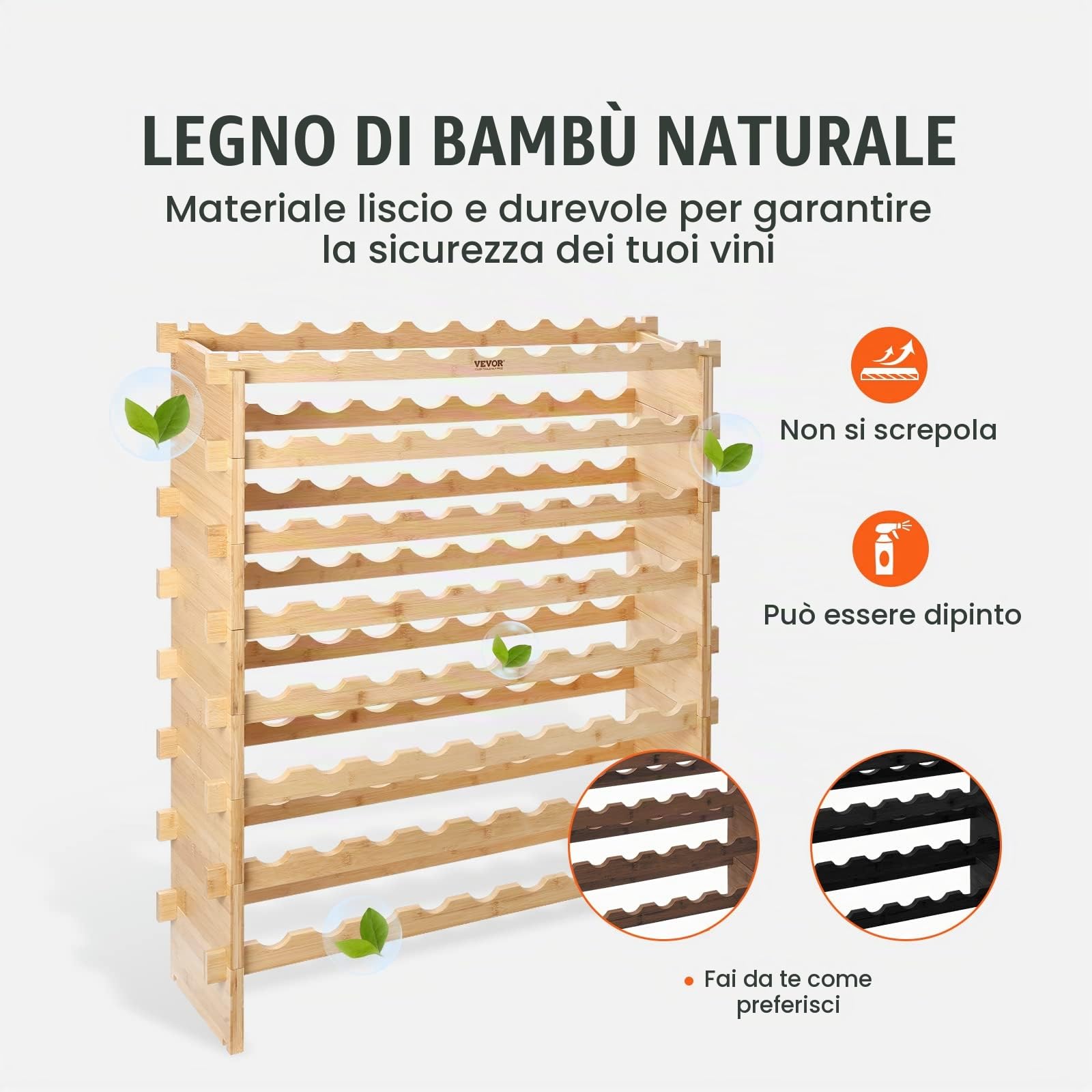 VEVOR Portabottiglie per Vino in Legno di Bambù Impilabile 8 Ripiani Capacità Max. 72 Bottiglie, Cantinetta Portabottiglie 8 Piani da Terra per Vino Materiale Legno Bambù Struttura Modulare Fai-da-te