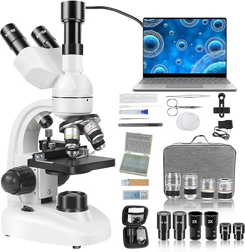 Microscopio trinocular compuesto con ocular electrónico, microscopio profesional de laboratorio 40X-5000X para adultos con oculares WF10X y WF25X,
