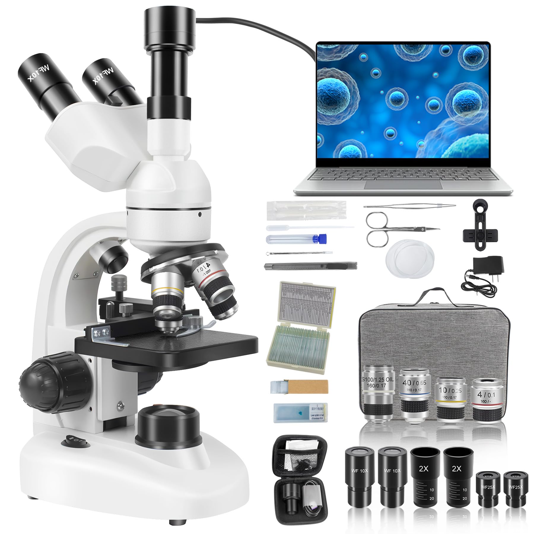 Microscope Trinoculaire Composé avec Oculaire Électronique, Agrandissement 40X à 5000X Microscope Professionnel pour Adultes, Inclut Oculaires WF10X et WF25X, Platine Mécanique et 30 Lames Préparées