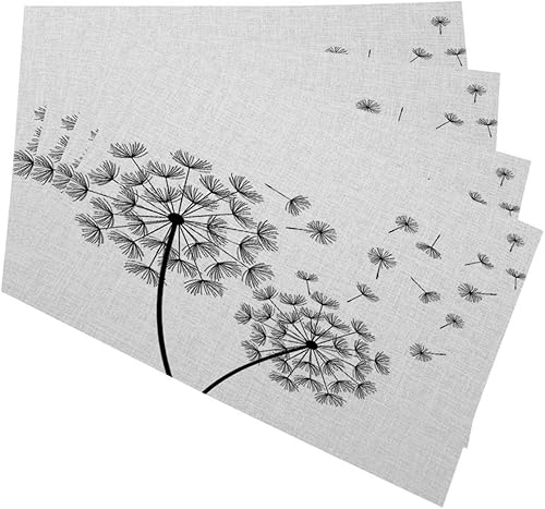 Mugod Manteles individuales con fondo blanco con dos dientes de león negros estilizados y pelusa voladora, decorativos, resistentes al calor,