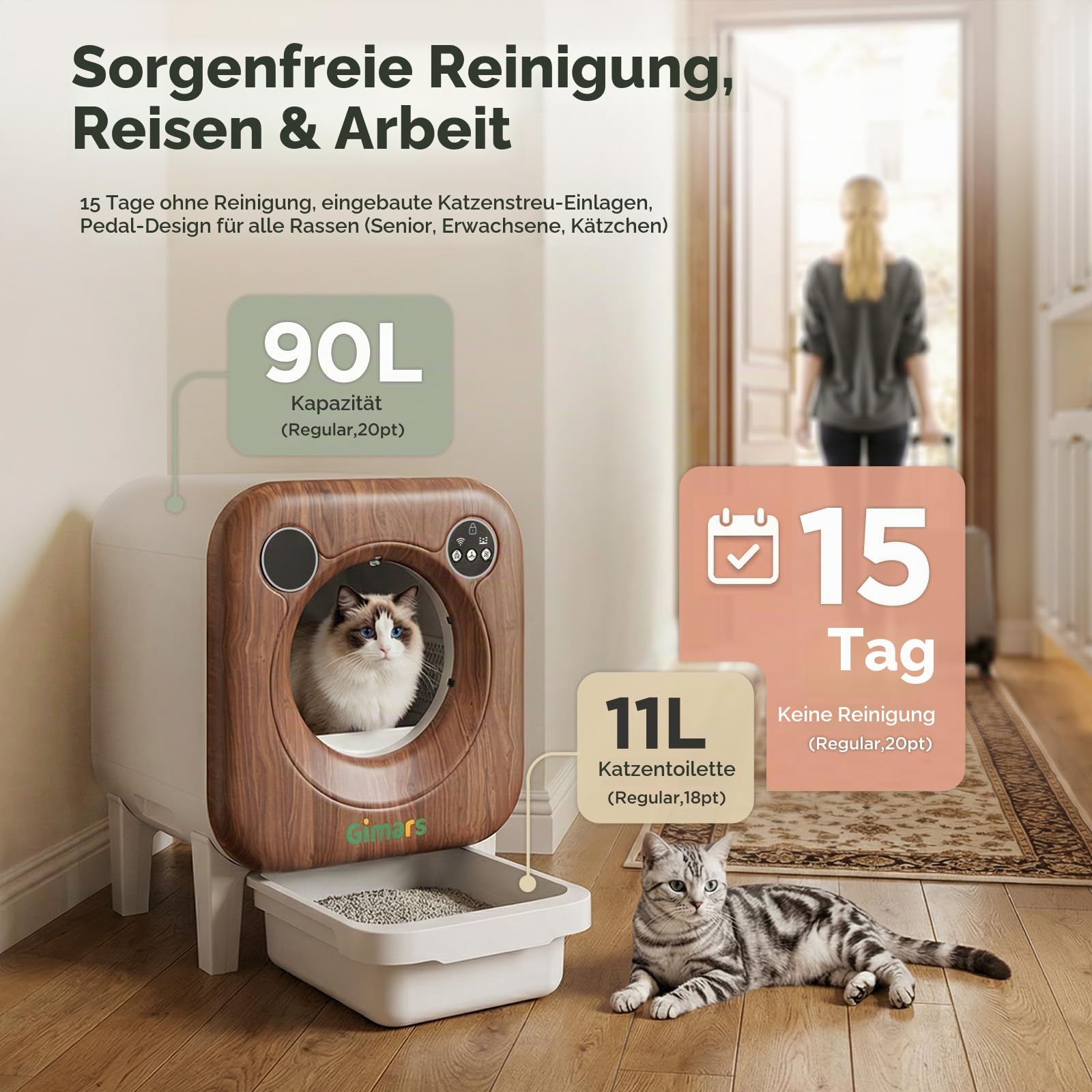Gimars XXL 90L Selbstreinigende Katzentoilette mit App-Steuerung, Automatisches Katzenklo mit Matte, Müllbeuteln & Trittbrett, Dreifach-Sensor und Geruchskontrolle für Kätzchen, Alte & Mehrere Katzen