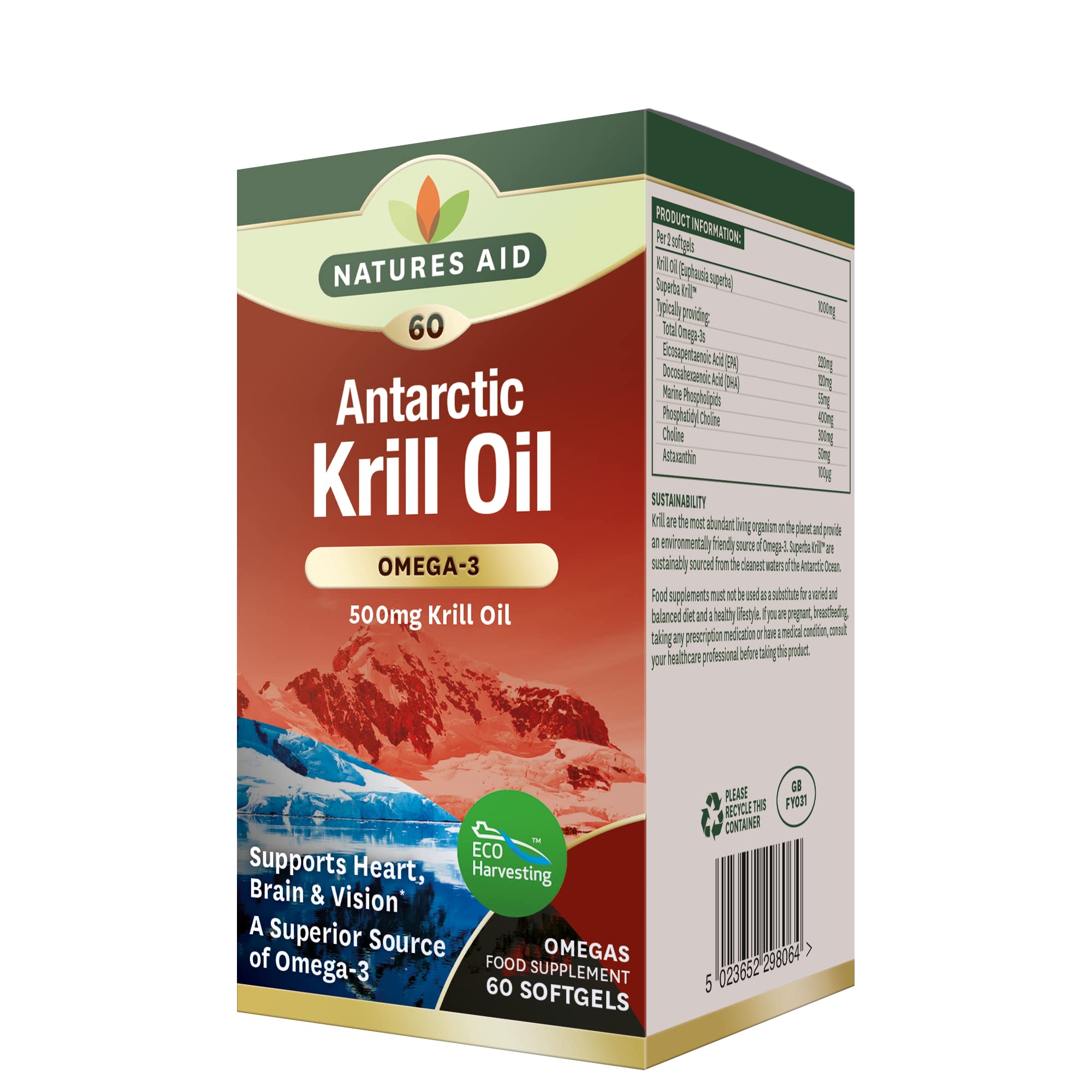 Natures Aid Super Krill Oil omega -3 500mg, 60 Softgel | For Heart, Brain & Vision | EPA/DHA Phospholipids