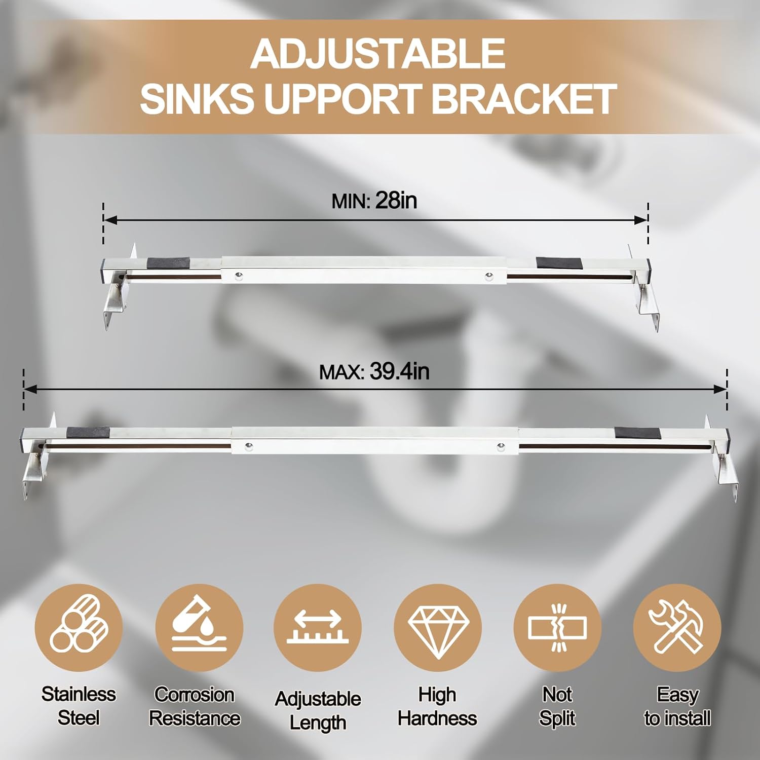 2 Pack Sainless Steel Undermount Sink Brackets Adjustable Length 28-39.4 inch | Undermount Sink Supports for Heavy Duty Kitchen Bathroom Sinks | Under Sink Support Kit