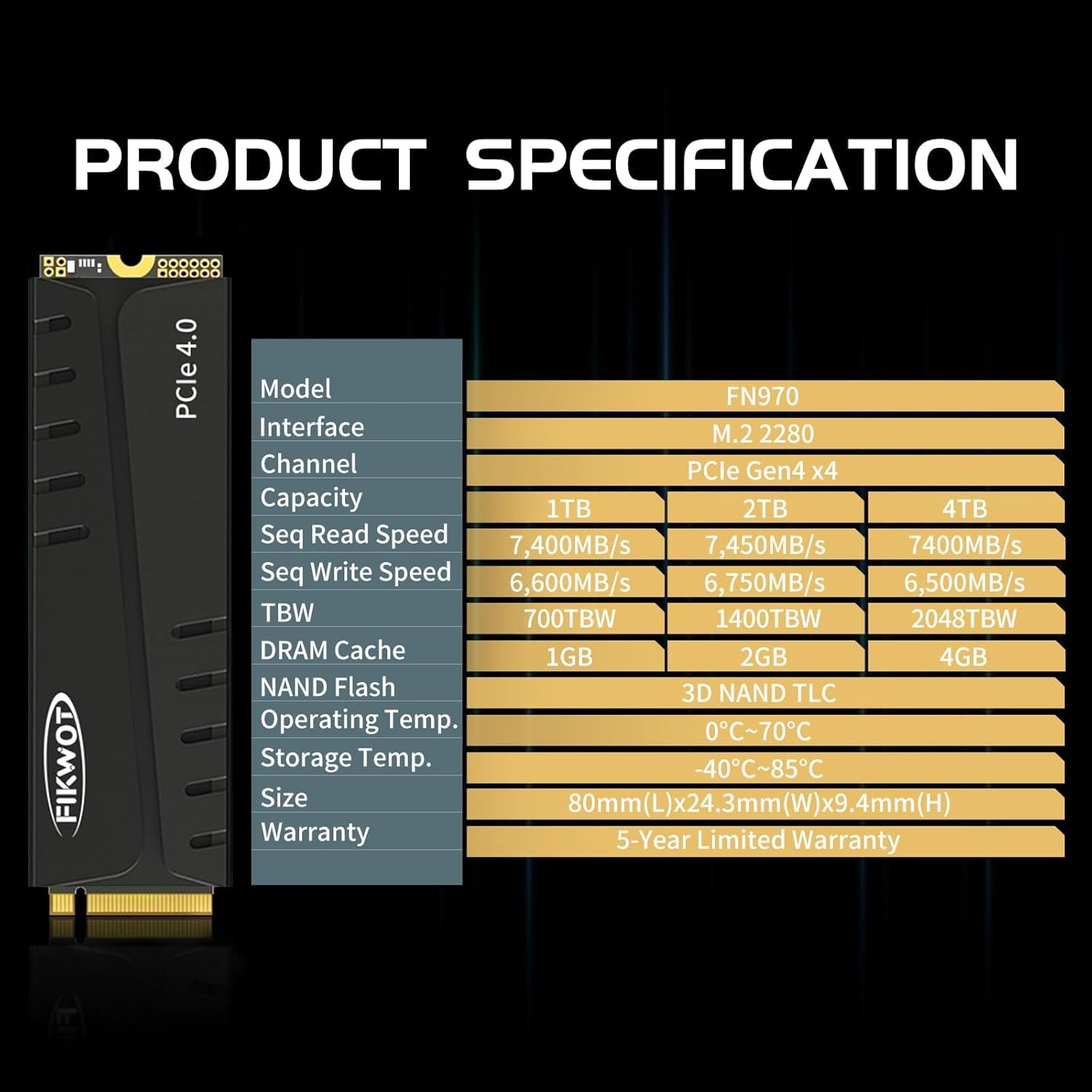 Fikwot FN970 4TB M.2 2280 PCIe Gen4 x4 NVMe 1.4 Internal Solid State Drive with Heatsink - Speeds up to 7,400MB/s, Configure DRAM Cache, Compatible PS5 Internal SSD
