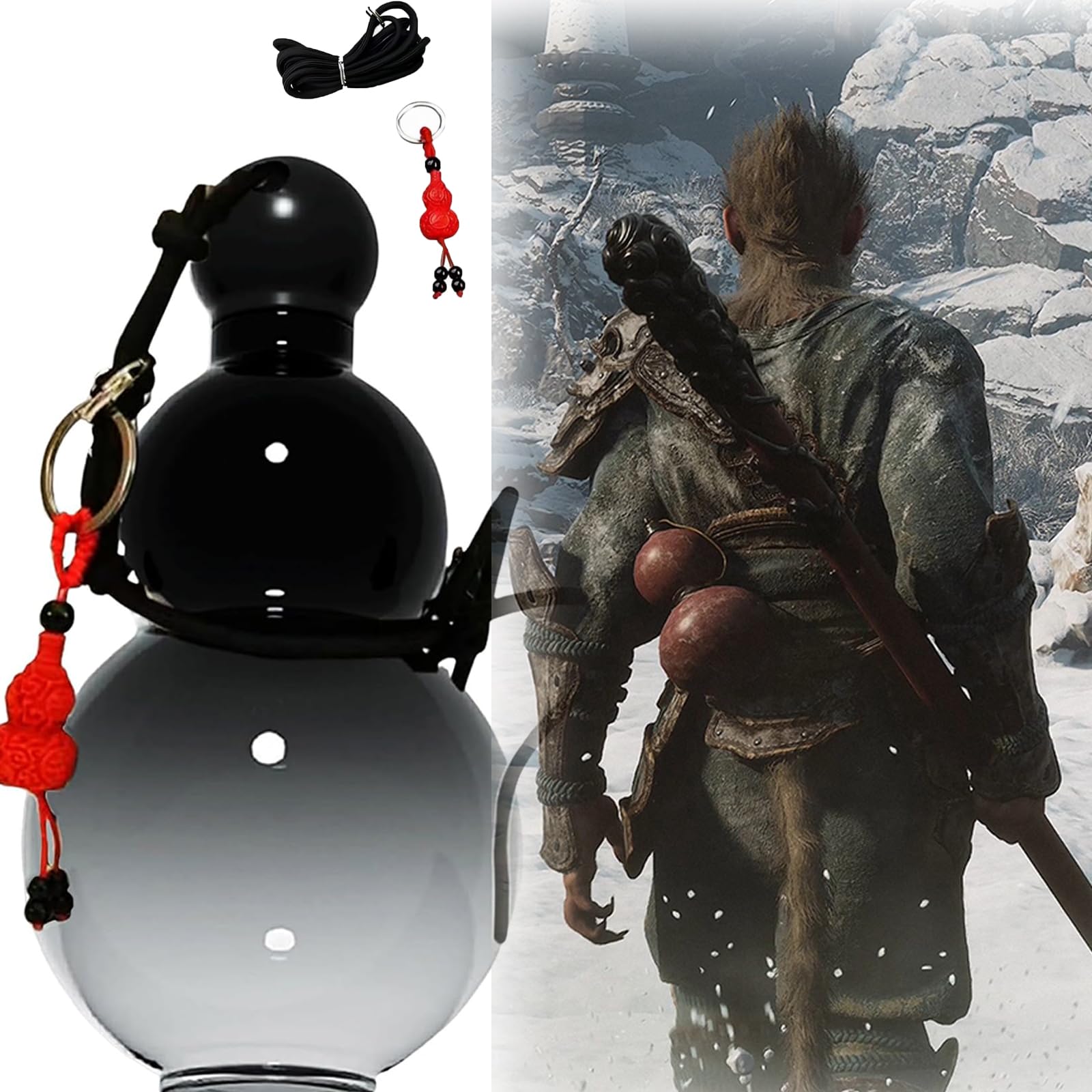 Wukongsun-Gourd Water Bottle, Chinese Elemental Water Bottle, Grourd Water Bottle, Unique Water Bottles, Calabash Water Bottle, Funny Gourd-Style Water Bottle (Black)