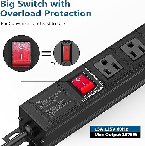 Miniatura 3 de BTU - Regleta de alimentación de metal con 10 tomas de corriente, para montaje en pared, resistente contra sobretensiones, regleta de alimentación
