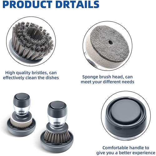 Miniatura 6 de Cepillo para platos con dispensador de jabón, juego de fregadores de platos de cocina con bandeja de drenaje para lavar platosollas, gris, juego de 2