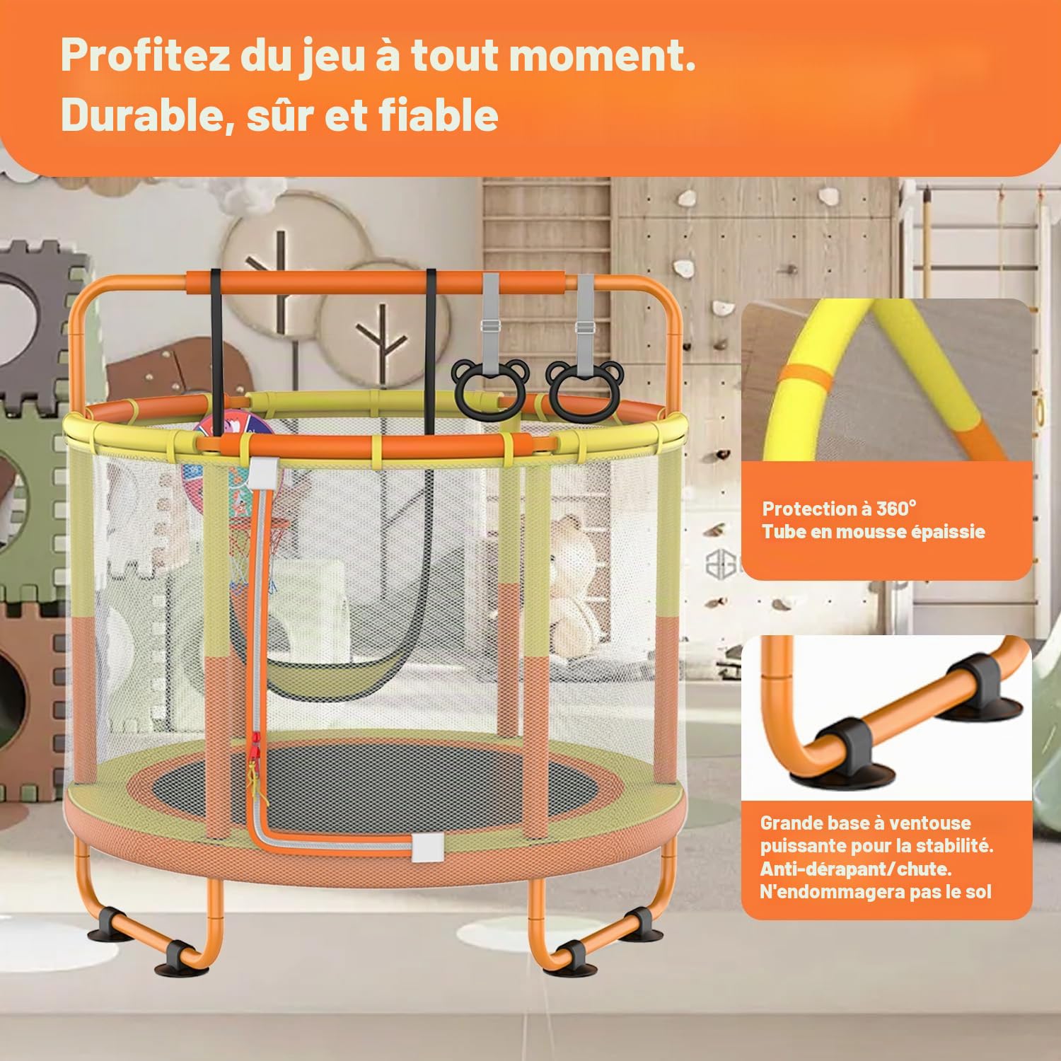 CZCPAPY Trampoline pour Enfants, Trampoline pour Enfants Extérieur, Utilisation Intérieure et Extérieure, avec Filet de Sécurité, Panier, Poteaux, Balançoires, Cadeau pour Enfants (jaune orange)