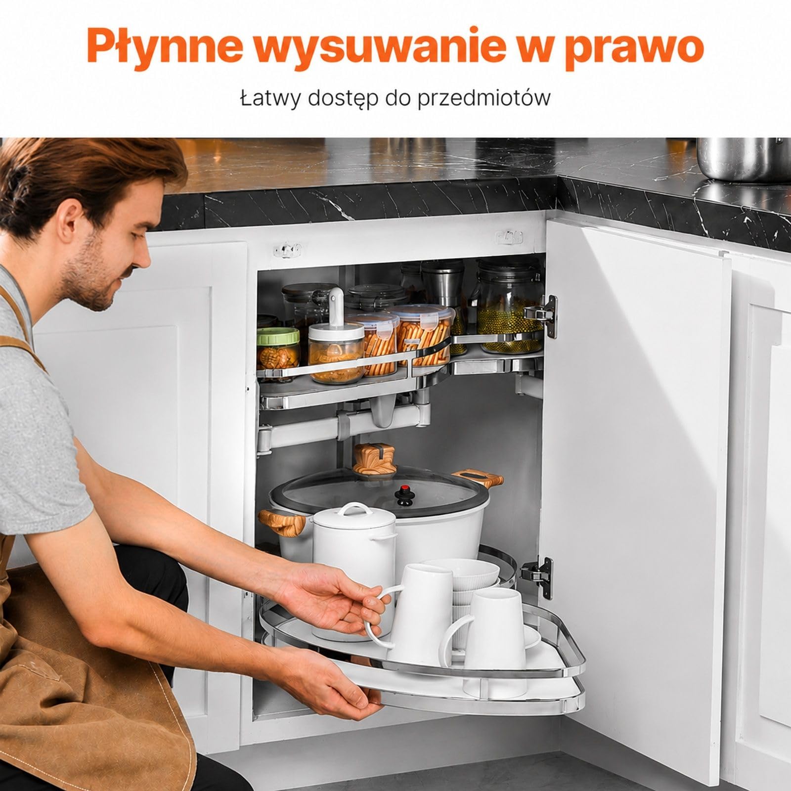 Organizer do narożnej szafki kuchennej, 2-poziomowe obrotowe wysuwane tace, regulacja wysokości, otwieranie w lewo, cichy domyk