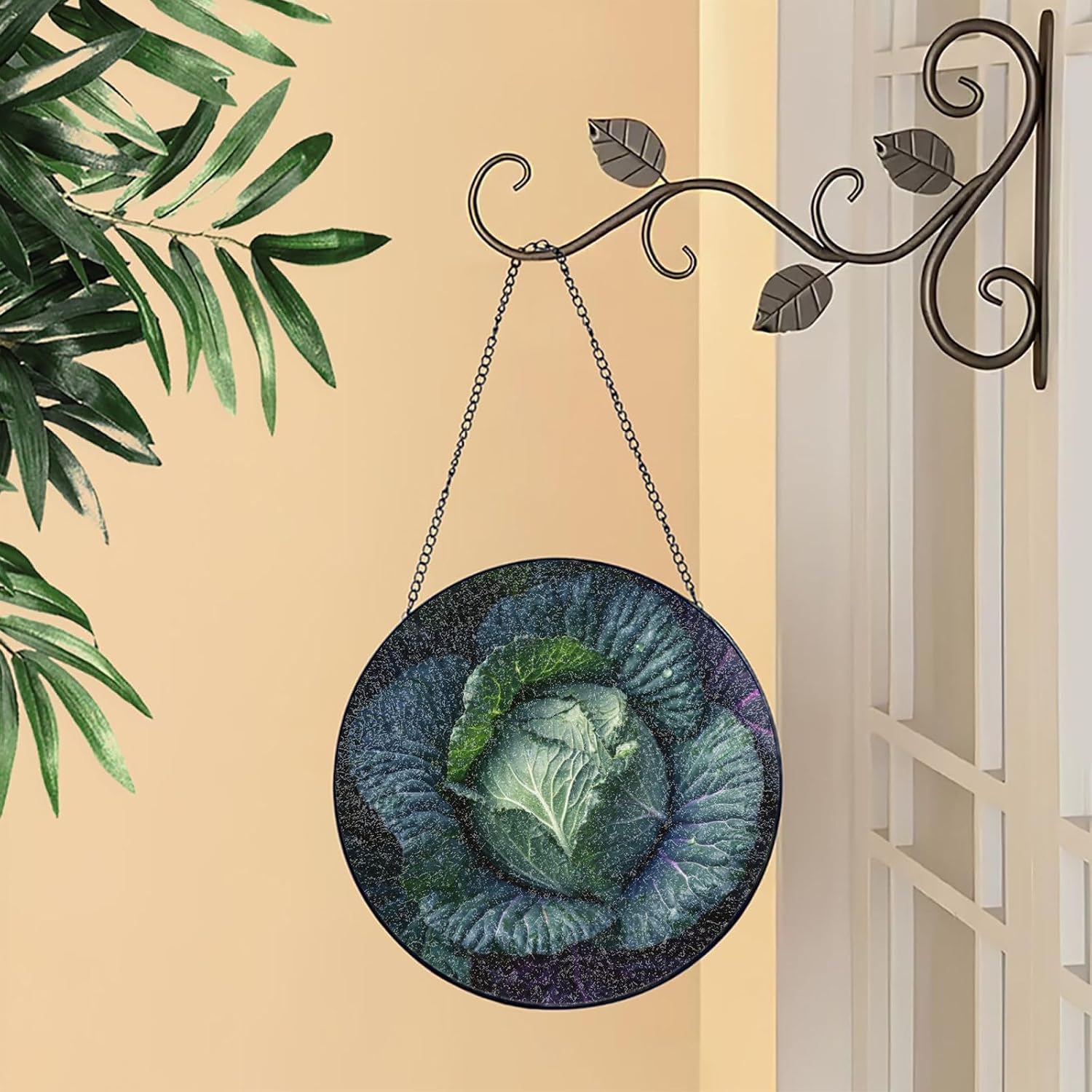 Bright Cabbage Stained Glass Suncatcher for Window Hanging Sun Catcher Ornament for Women Men Suncatcher for Home Decor, 8in（20cm） Round Glass Ornament for Mother's Day Birthday Gift