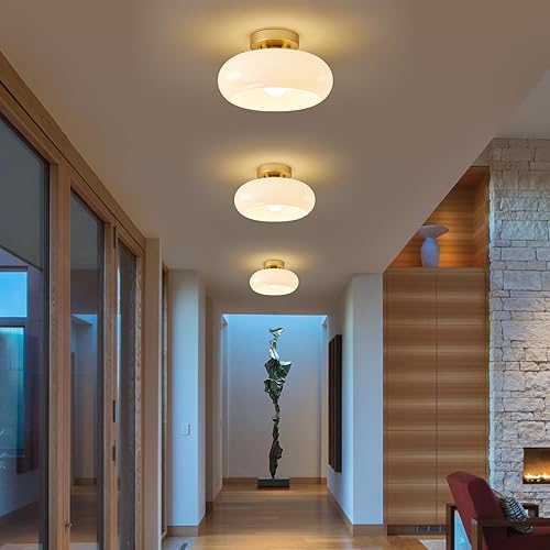 Miniatura 3 de Lámpara de techo semiempotrada dorada moderna de mediados de siglo, lámpara de techo de cocina con pantalla de vidrio, lámpara de techo blanca