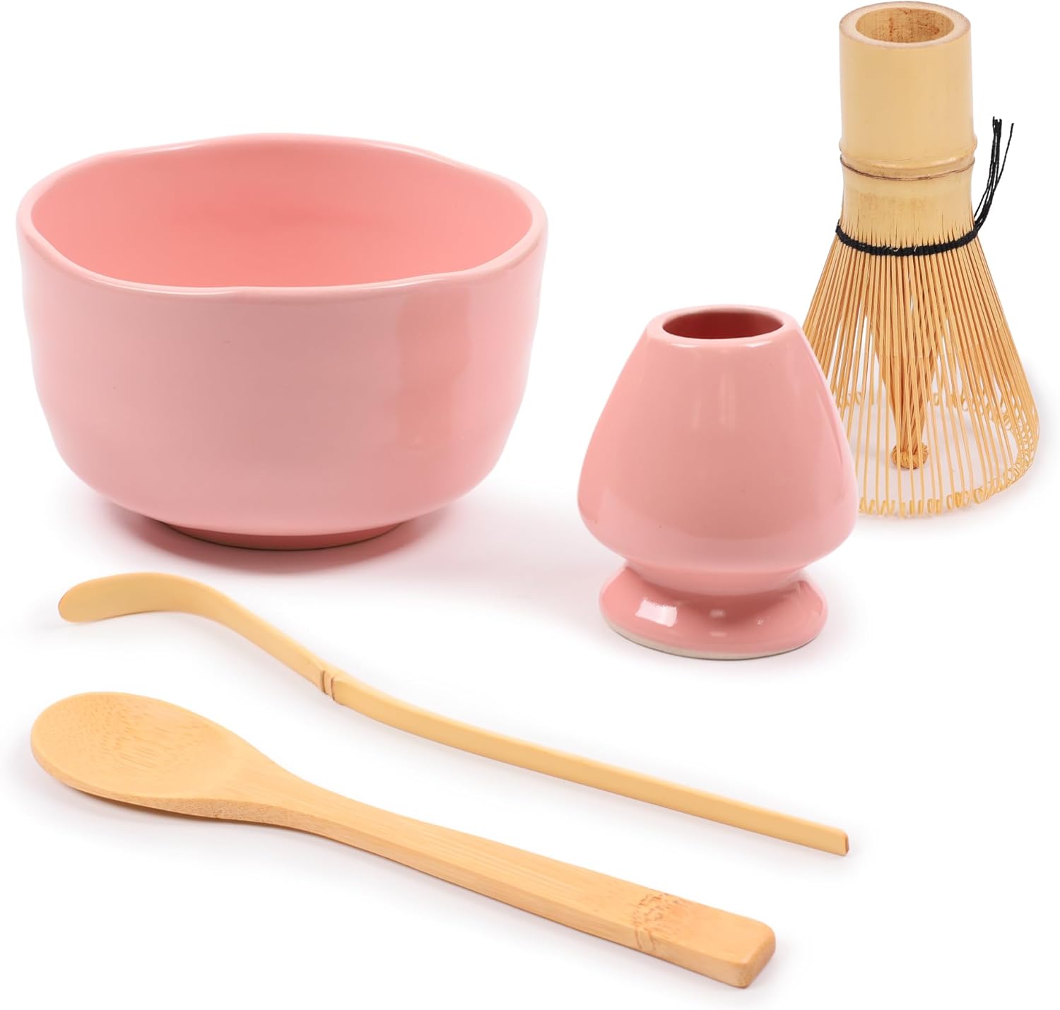 BambooMN Matcha Bowl Set (Includes Bowl, Rest, Tea Whisk, Chasaku & Tea Spoon) 1 Set Pink