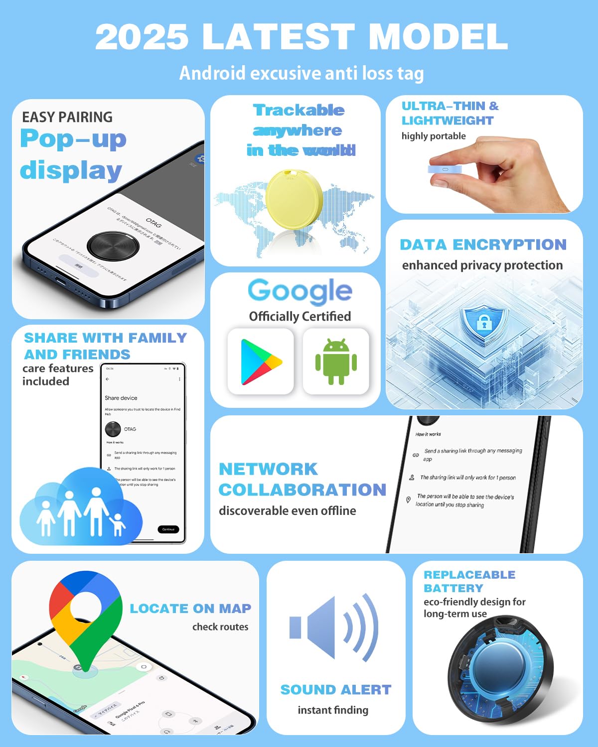 Tracker pour Android, lot de 1 tracker Android, étiquettes de suivi Android, durée de vie de la batterie de 2 ans, traqueurs Google Find pour l'application Google Find Hub, étanche IP65 pour clés