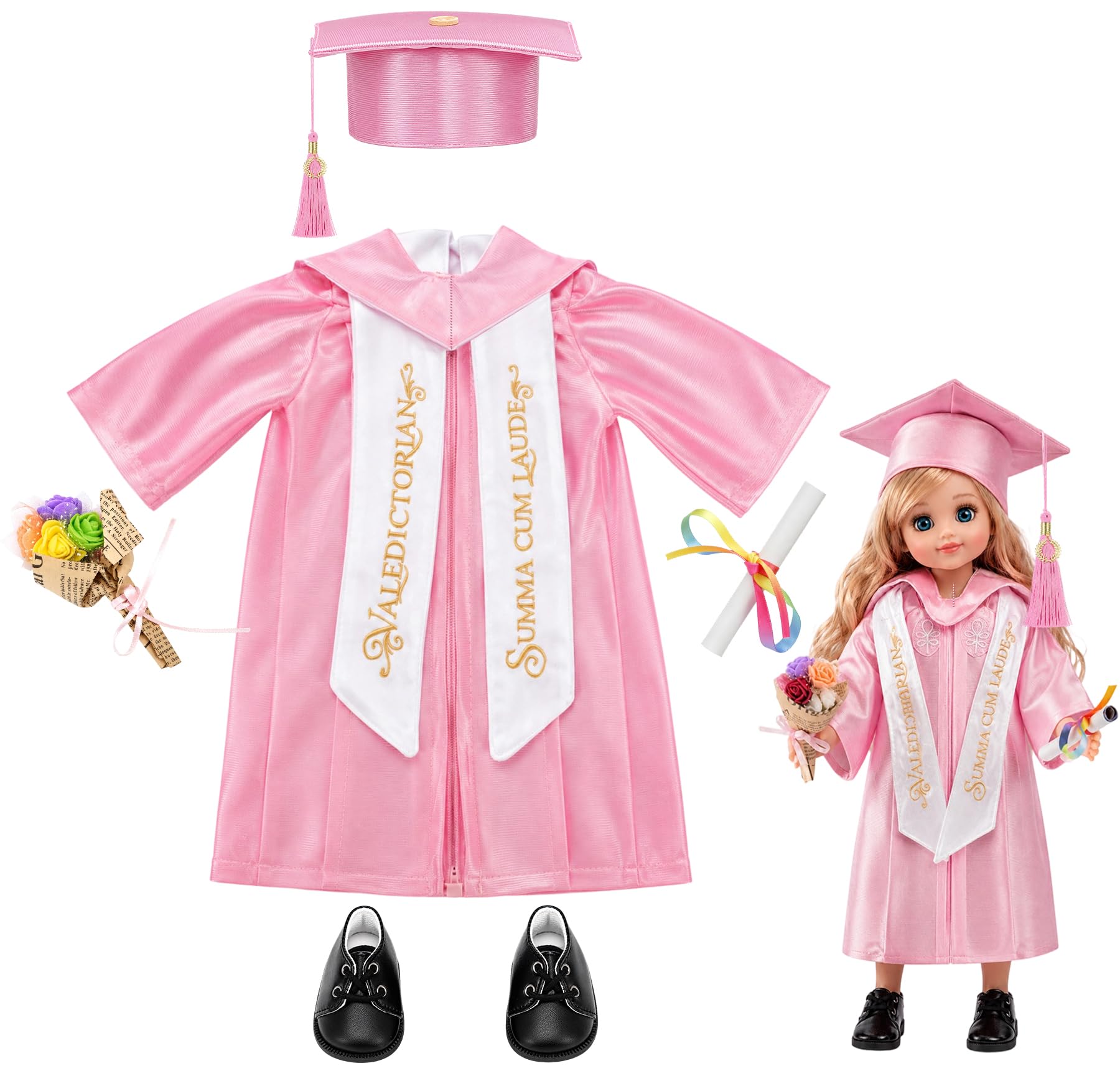 Juego de 8 piezas de ropa y accesorios para muñecas de 18 pulgadas, traje de satén de primera calidad con zapatos, estola bordada, diploma y ramo, rosa