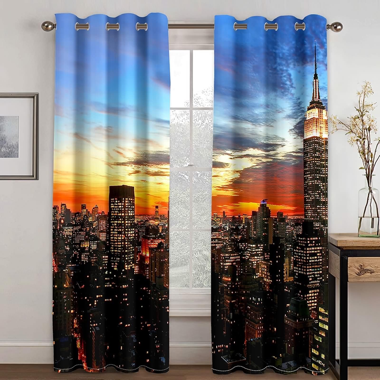 Cortina opaca para dormitorio, cortina de salón, pequeña ventana, azul, naranja, negro, paisaje de construcción de la ciudad al atardecer, poliéster, 2 264 x 214 cm