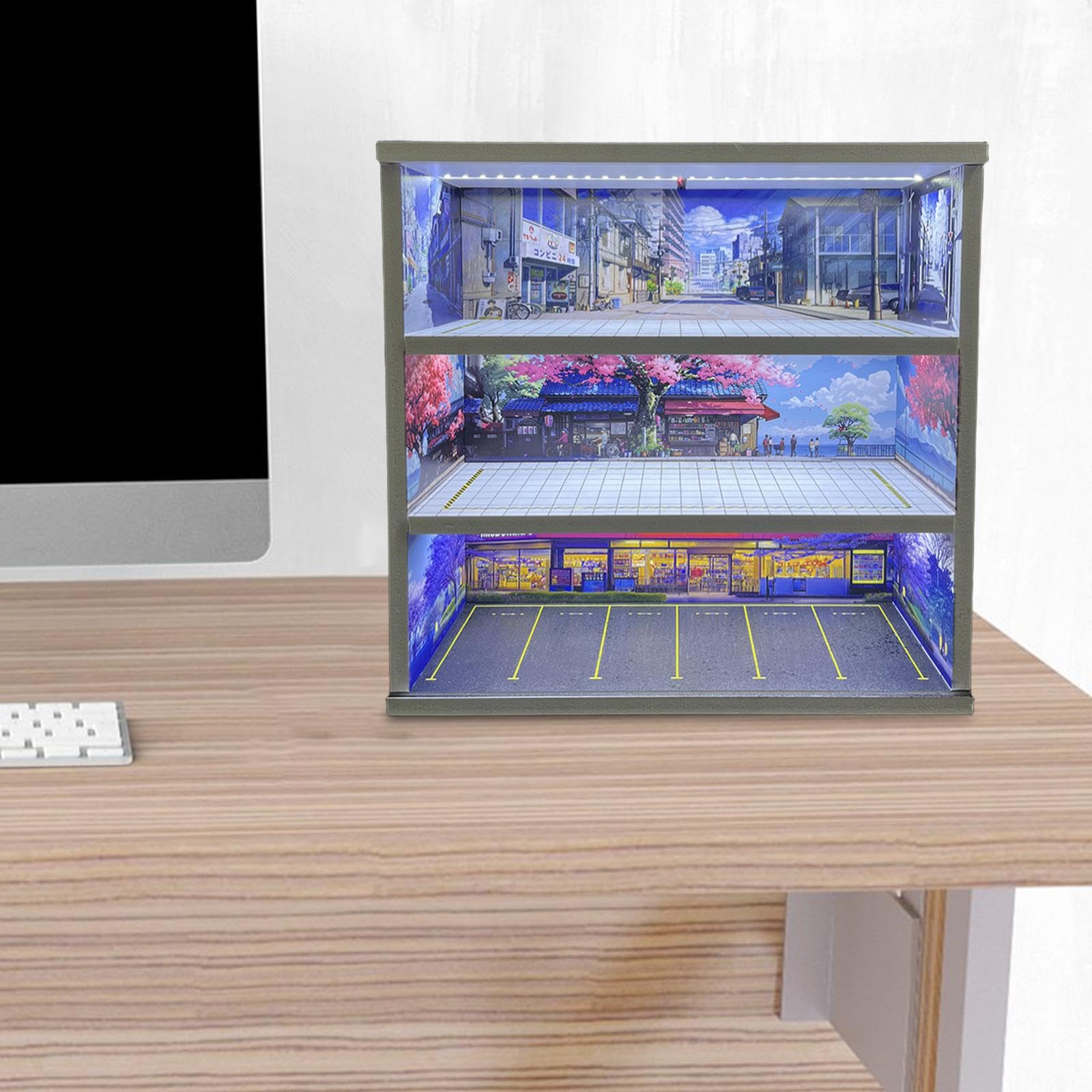 1/64 Modellauto Vitrine, Spielzeugauto Displaybox, Miniatur Szenario, Simulierte Parkplatzszene, Style F