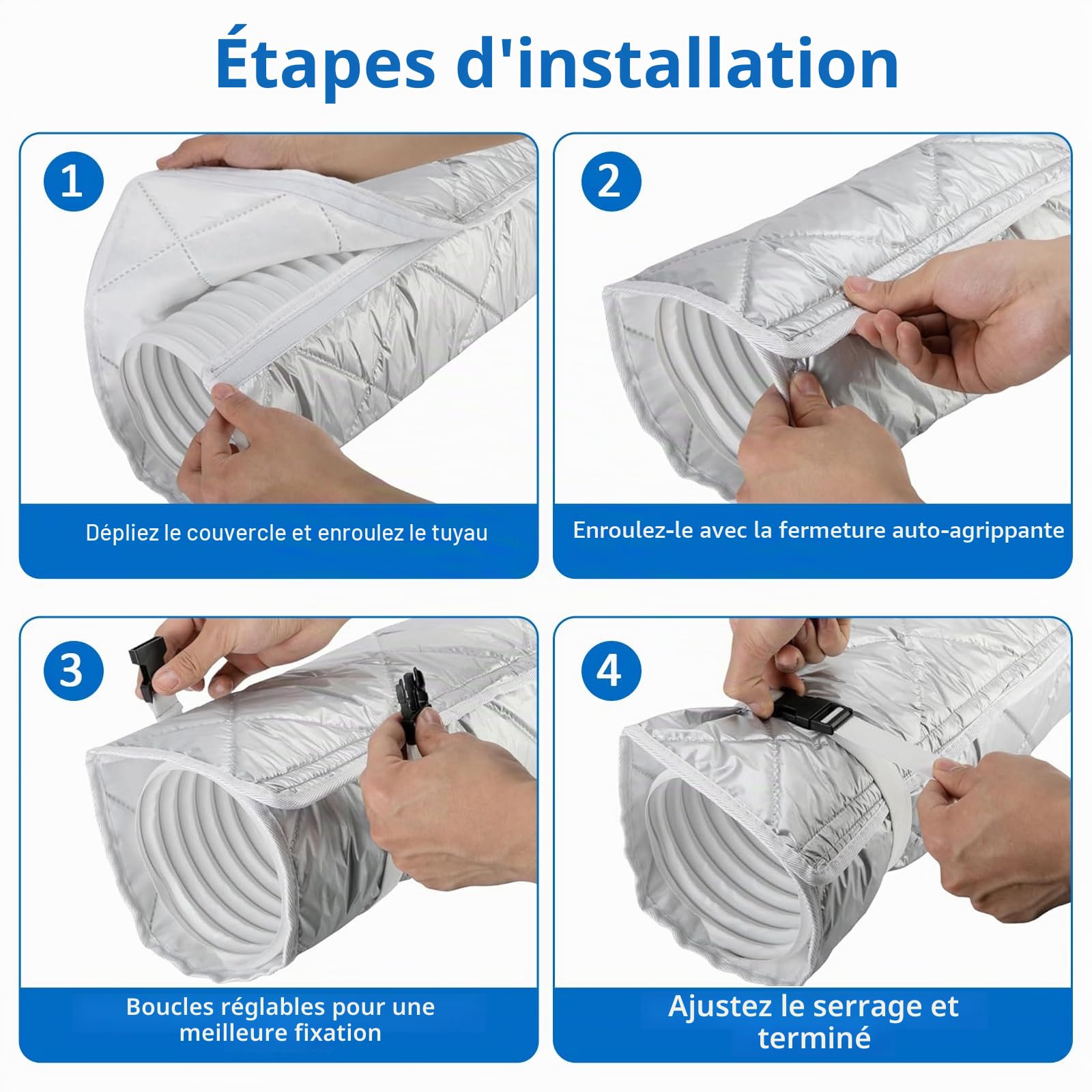 2 pièces de 150x58 cm de gaine d’évacuation d’air climatisé isolée pour tuyaux d’évacuation de Ø15 cm, housse matelassée pour tuyau de climatisation pour climatiseurs mobiles avec fermeture velcro et