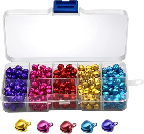 300 cascabeles, cascabeles de 0.3 pulgadas, cascabeles de Navidad de colores, campanas pequeñas de bricolaje con caja de almacenamiento para