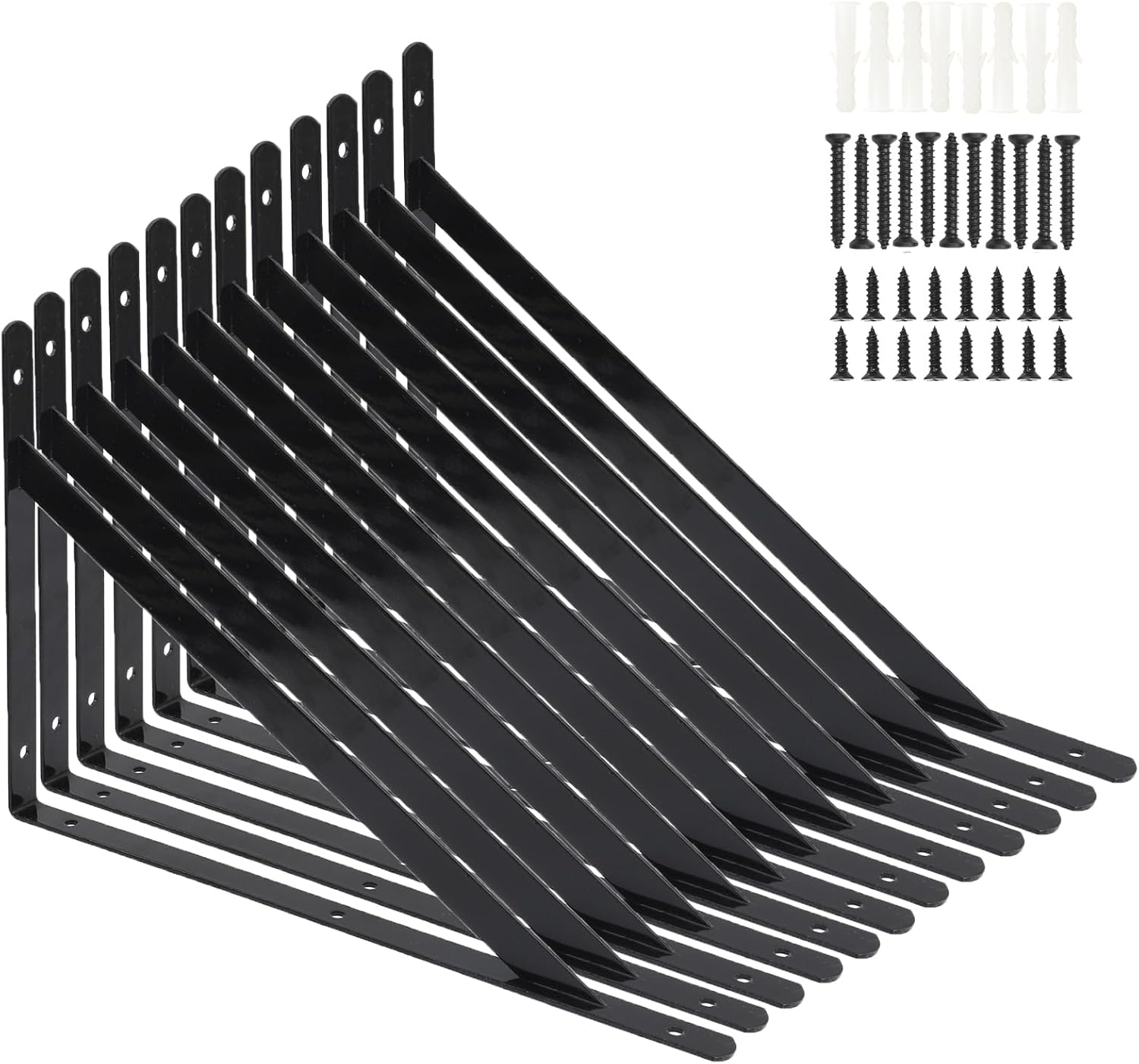 12 Pack L16 x H 10" Heavy Duty Shelf Brackets with Screws Wall Shelf Brackets with 90 Degree Triangle, Black Metal Shelf Brackets, Shelves L Brackets(400x250mm)