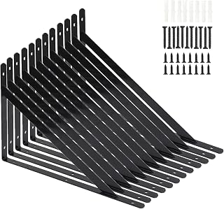 Kamiaha 12 Pack 16x10 Inch Heavy Duty Black Metal L Shelf Brackets with Screws - Rust-Resistant Triangle Wall Supports