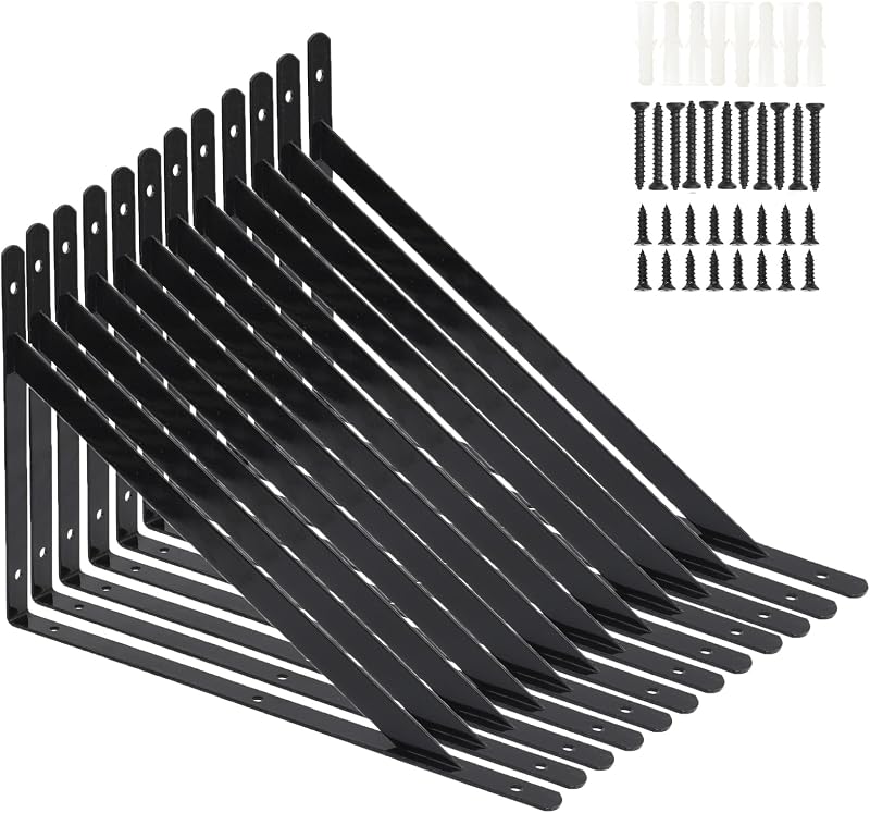 Paquete de 12 soportes para estantes resistentes de 16 x 10 pulgadas de largo con tornillos, soportes para estantes de pared con triángulo de 90 grados, soportes para estantes de metal negro, soportes para estantes en L (400 x 250 mm)